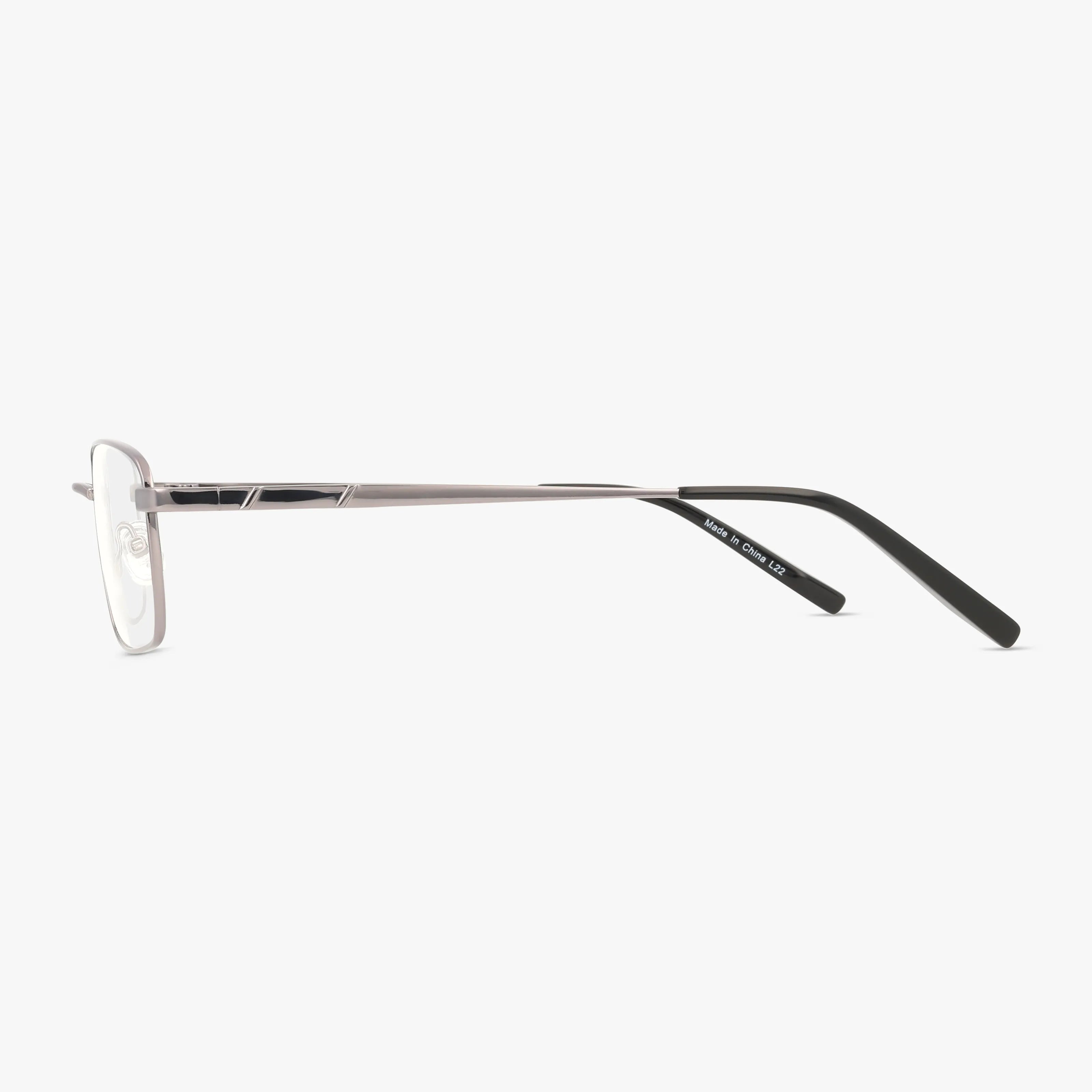 Side view of eyeglass frame "163" with thin metallic silver arms, clear rectangular lenses, and black temple tips, set against a plain white background.