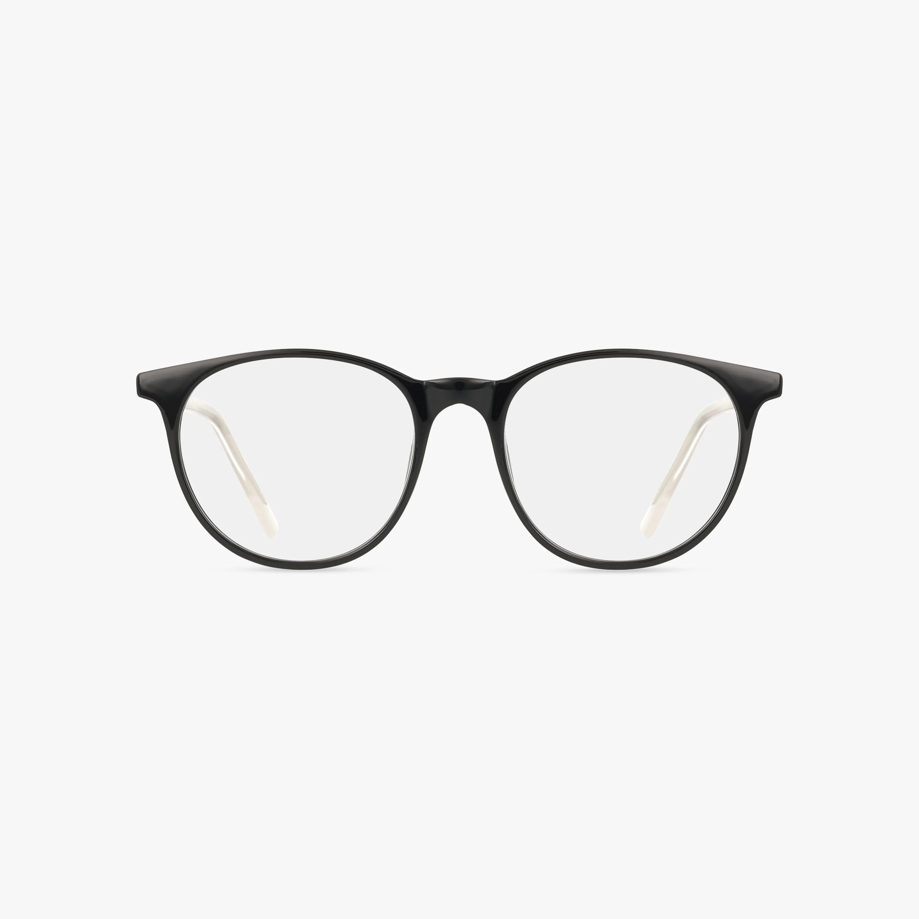 99 eyeglasses feature black round frames, clear lenses, and white temple tips—an ideal accessory to enhance any school uniform. Displayed against a plain white background.