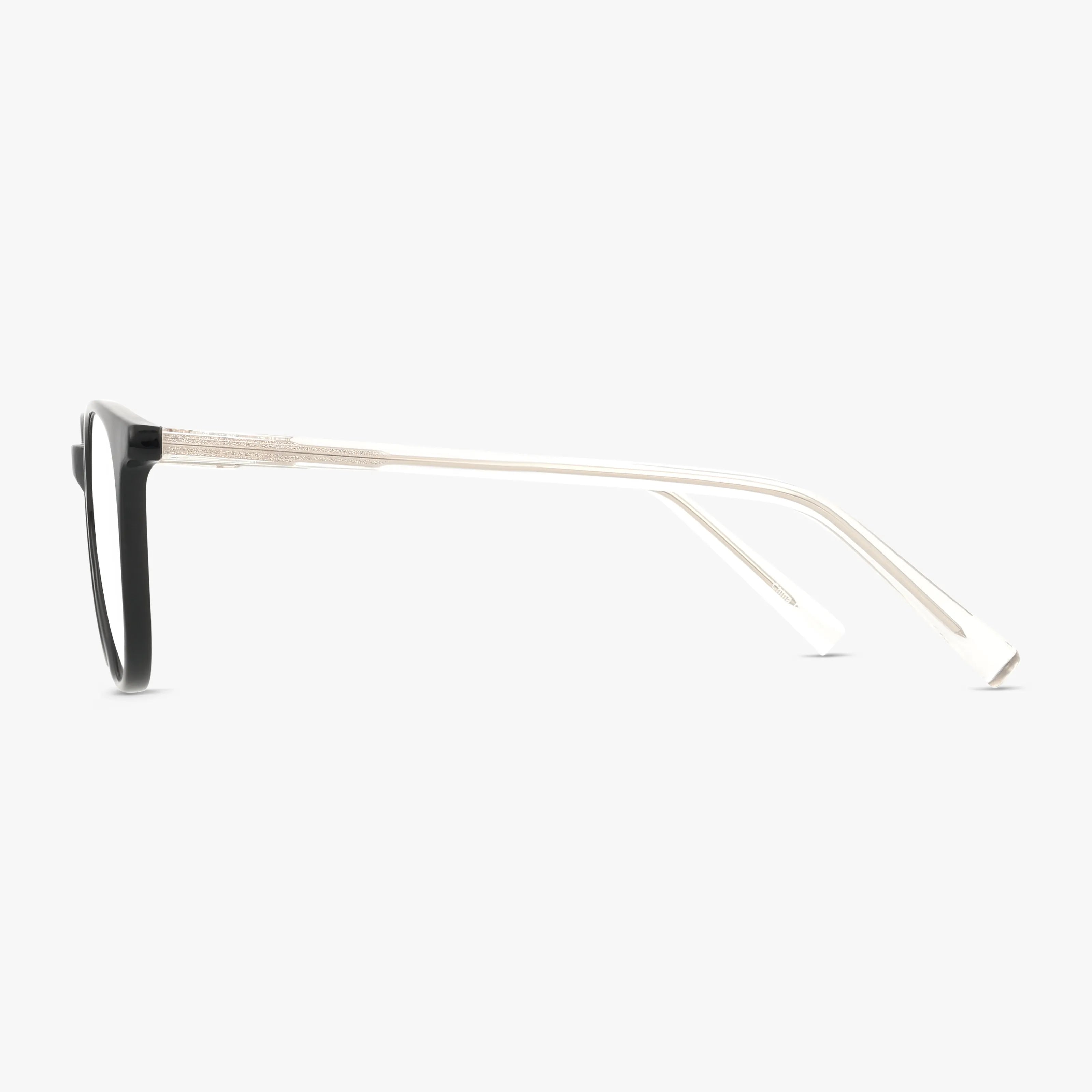 Side view of 99 eyeglasses with black rims, thin metallic silver temples, and white ear tips on a plain white background—an ideal accessory to complete your school uniform for a sharp look.