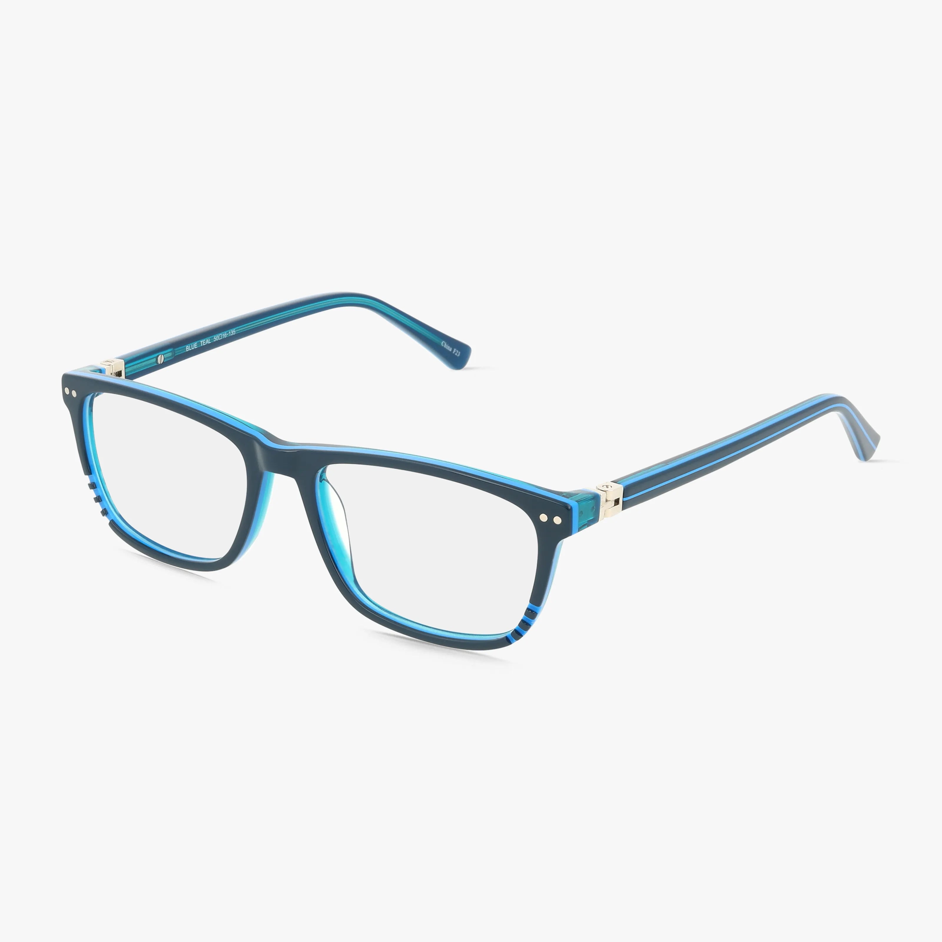 Stand out as Head of the Class with Product 332: rectangular blue eyeglasses featuring clear lenses, silver hinge accents, and a subtle gradient pattern—displayed against a plain white background.
