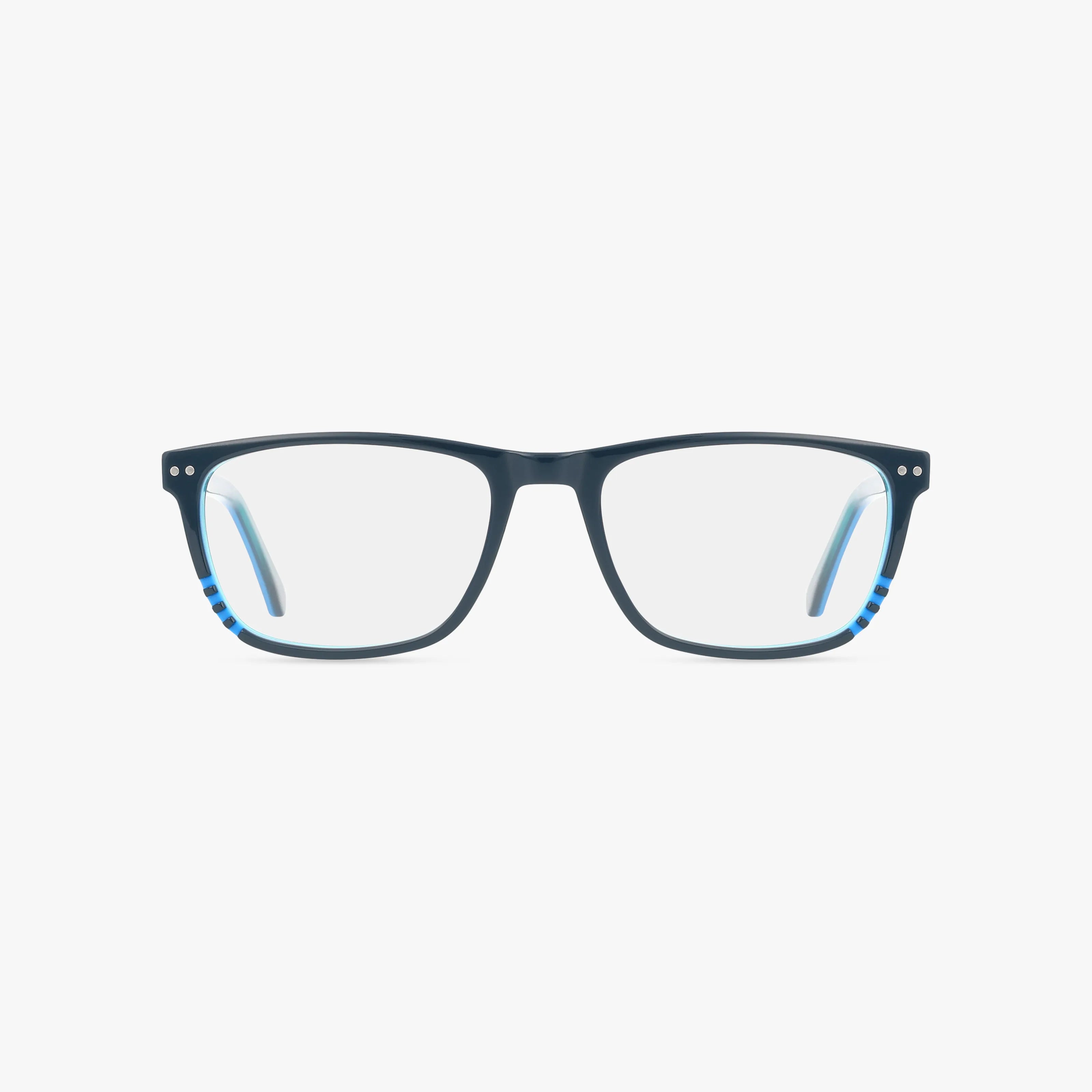 A pair of rectangular 332 eyeglasses in dark blue with clear lenses, featuring blue lower-corner accents and silver rivets on the upper corners—an eye-catching style displayed on a white background.