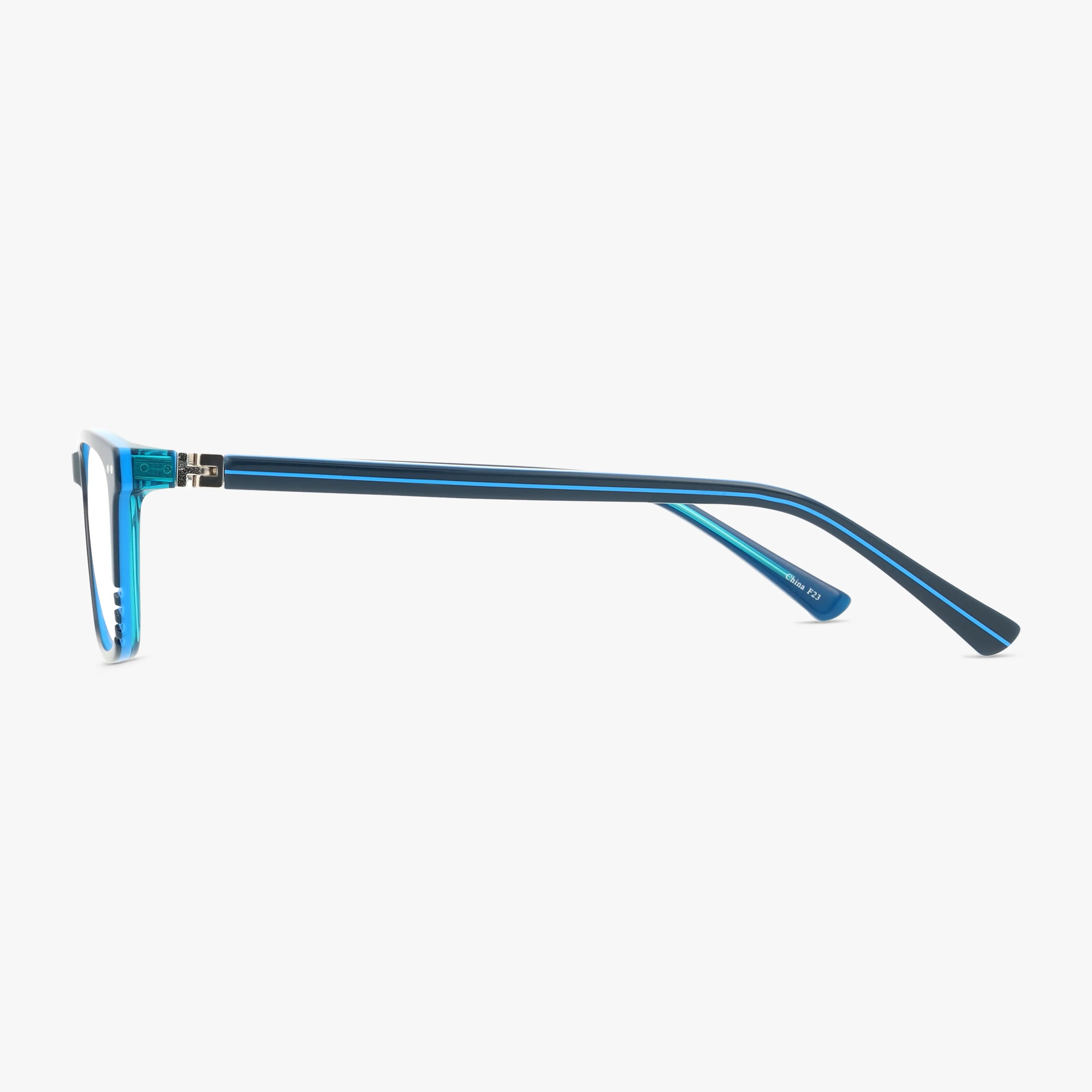 Side view of 332 eyeglasses in blue with transparent rims and matching blue arms, metal hinge detail near the temple—stylishly displayed against a plain white background.
