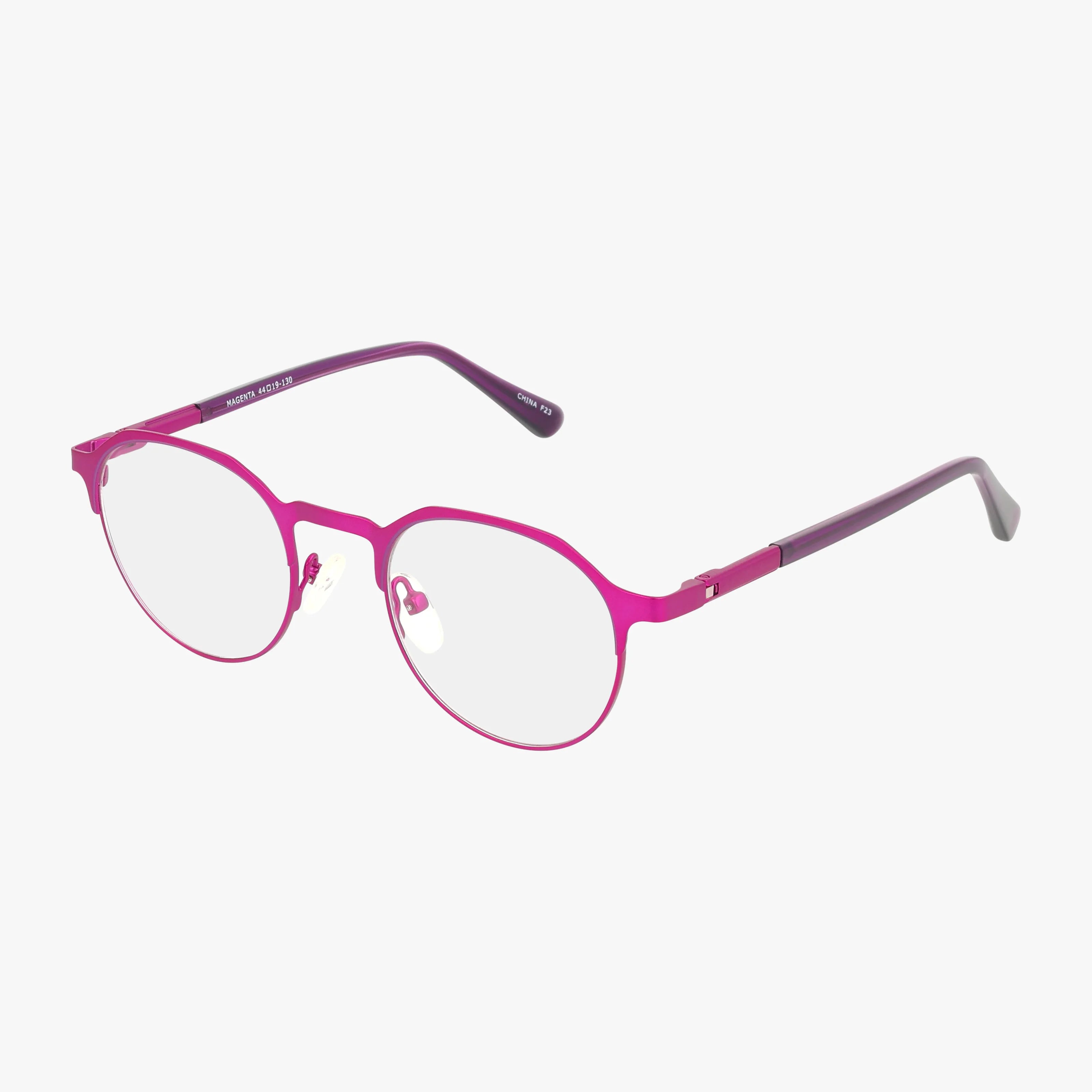 The 338 eyeglasses feature round, pink-lavender frames with clear lenses and black temple tips, designed to help you stand out. Displayed against a plain white background.