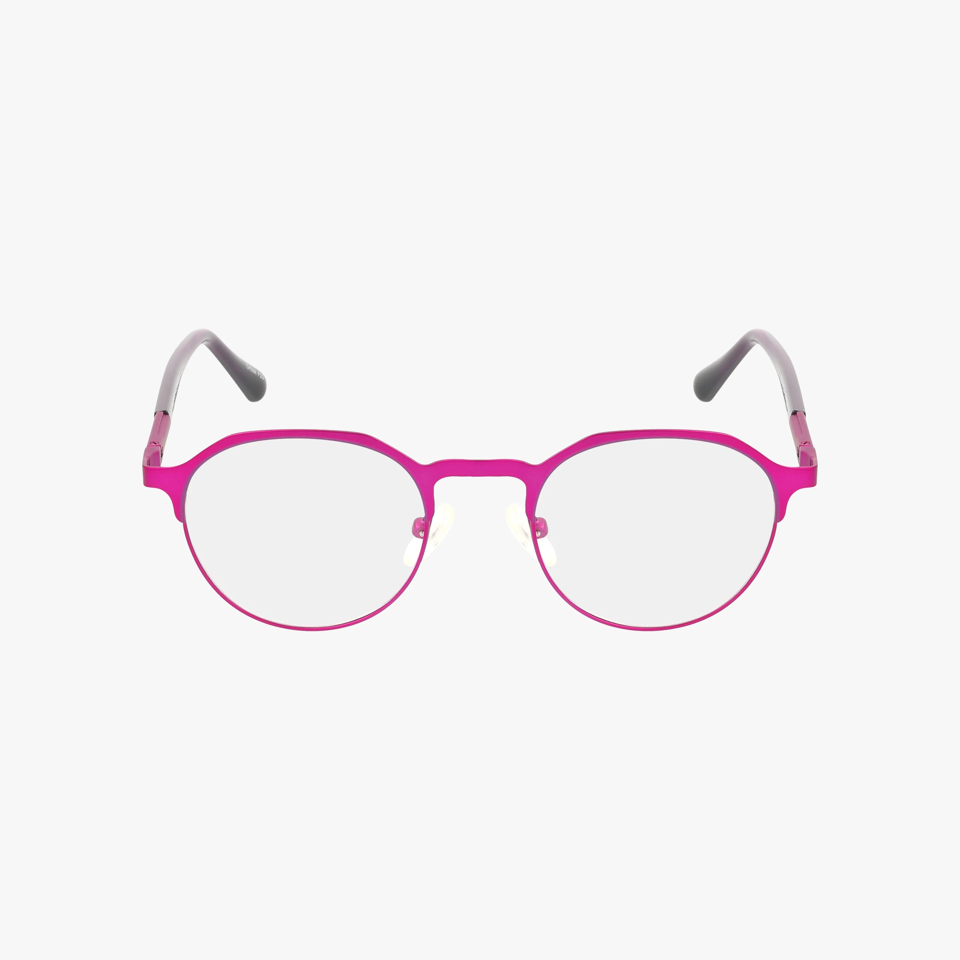 Product 338 is a pair of eyeglasses with round pink frames, transparent lenses, gray temples with black tips, pictured on a plain white background.