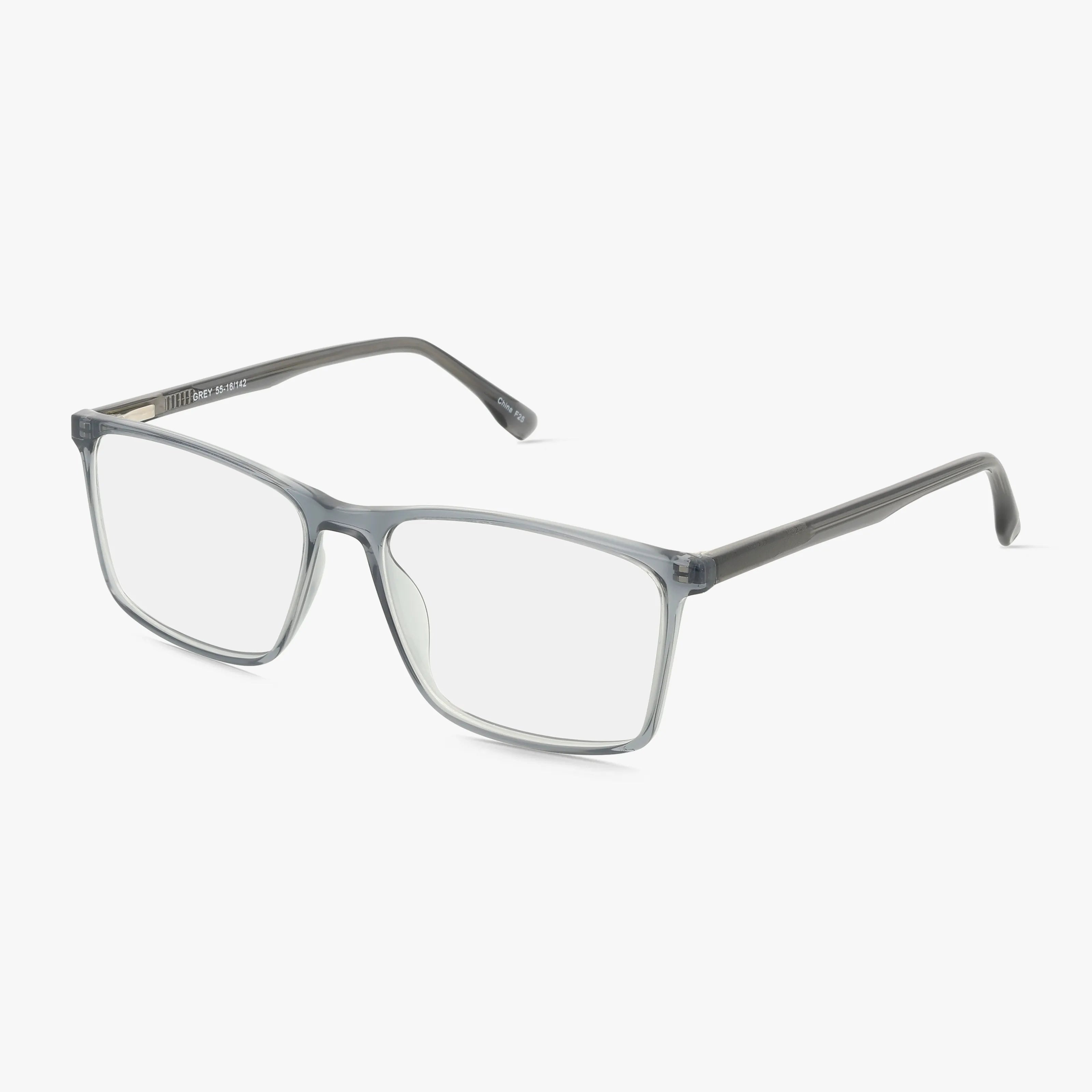 The 1029 eyeglasses feature prescription rectangular lenses and a sleek, modern transparent gray frame, shown on a white background.