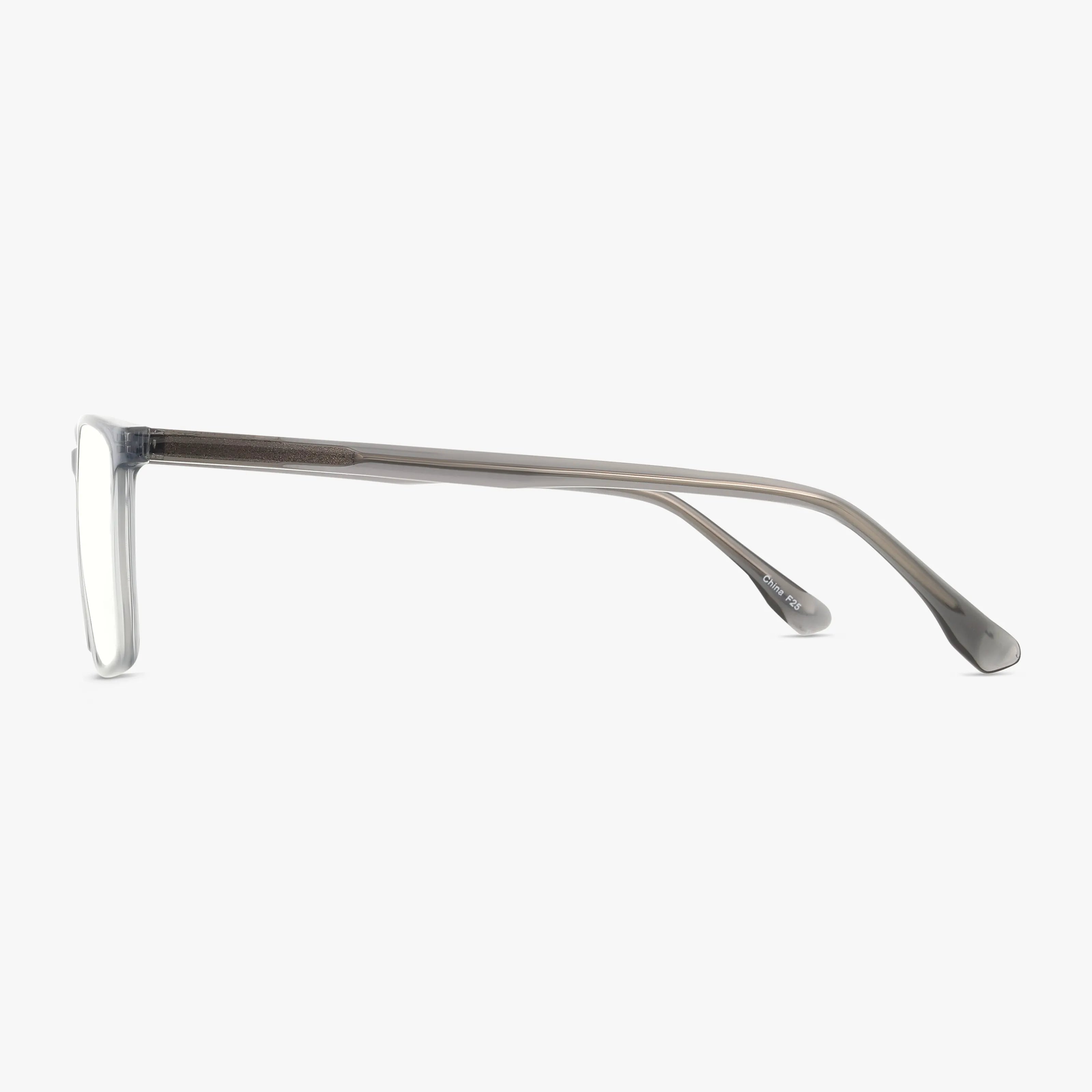 Side view of 1029 eyeglasses with sleek modern frames and slim arms in transparent gray, displayed against a plain white background.