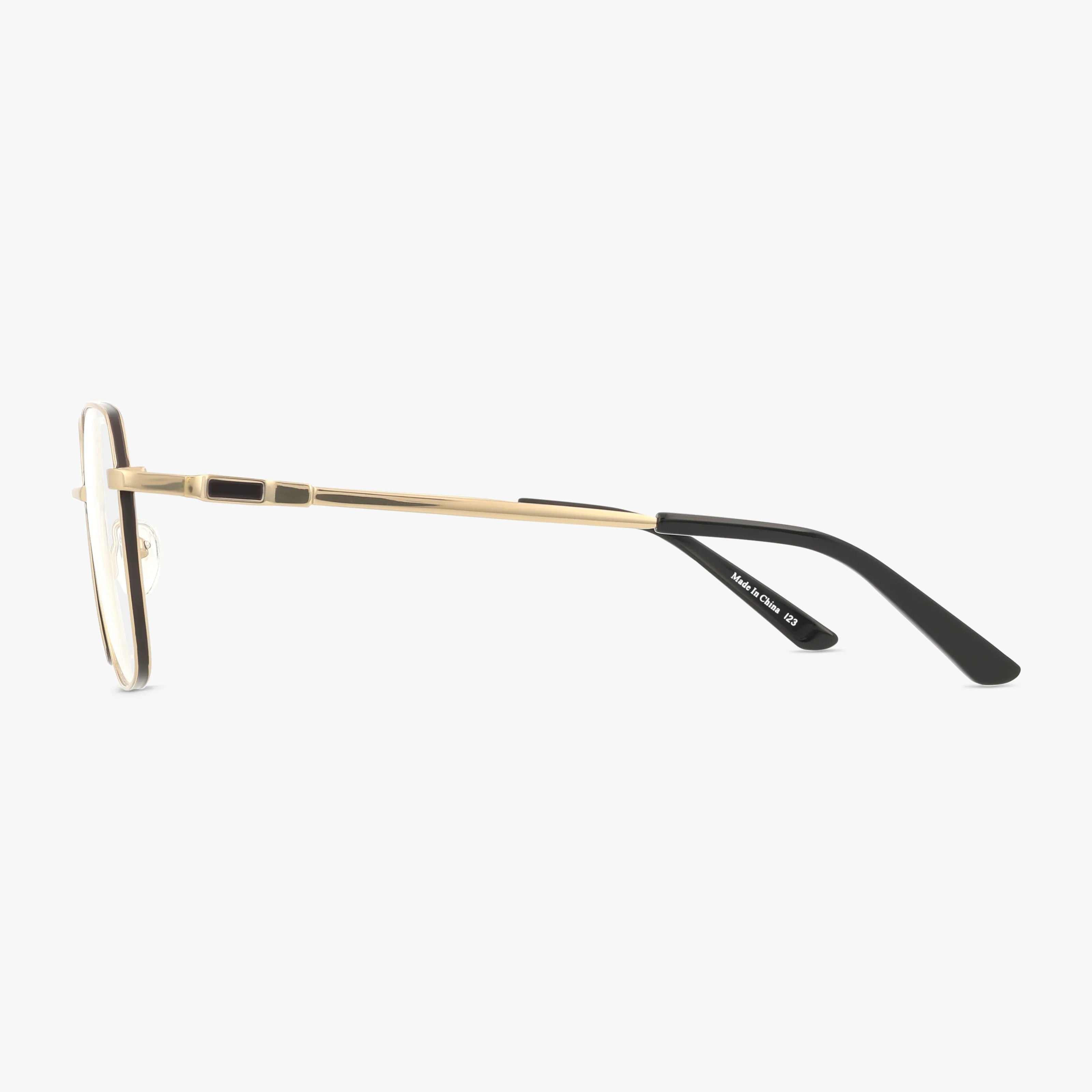 Side view of 509 eyeglasses with thin gold metal frames, black plastic temple tips, and bold design elements, displayed against a white background.