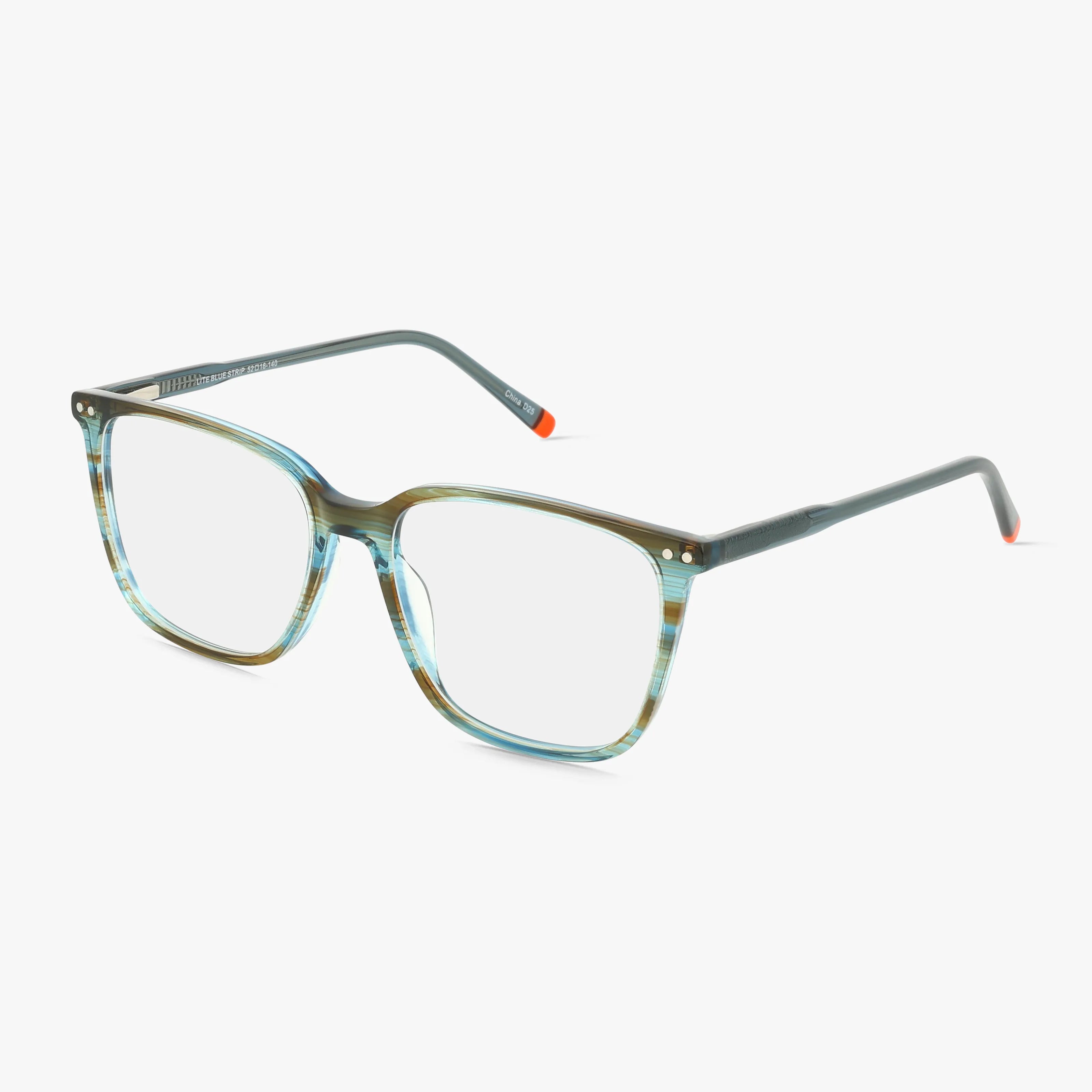 The 1038 features square eyeglasses with translucent blue-green frames, thin arms, and small orange tips at the temples—a modern choice for daily wear, shown on a white background.