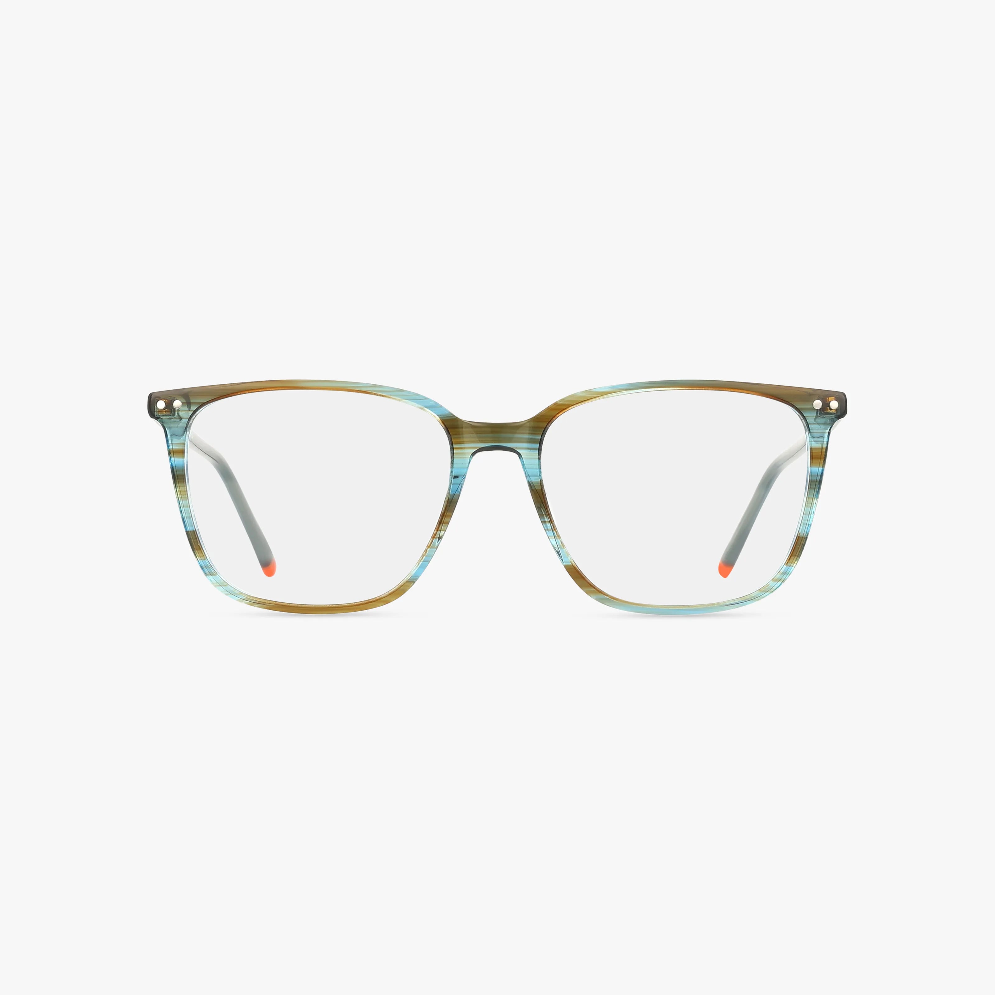 Front view of 1038, a modern rectangular frame with transparent green and blue tones, clear lenses, and orange temple tip accents—ideal for daily wear and vision insurance compatible, shown on a white background.