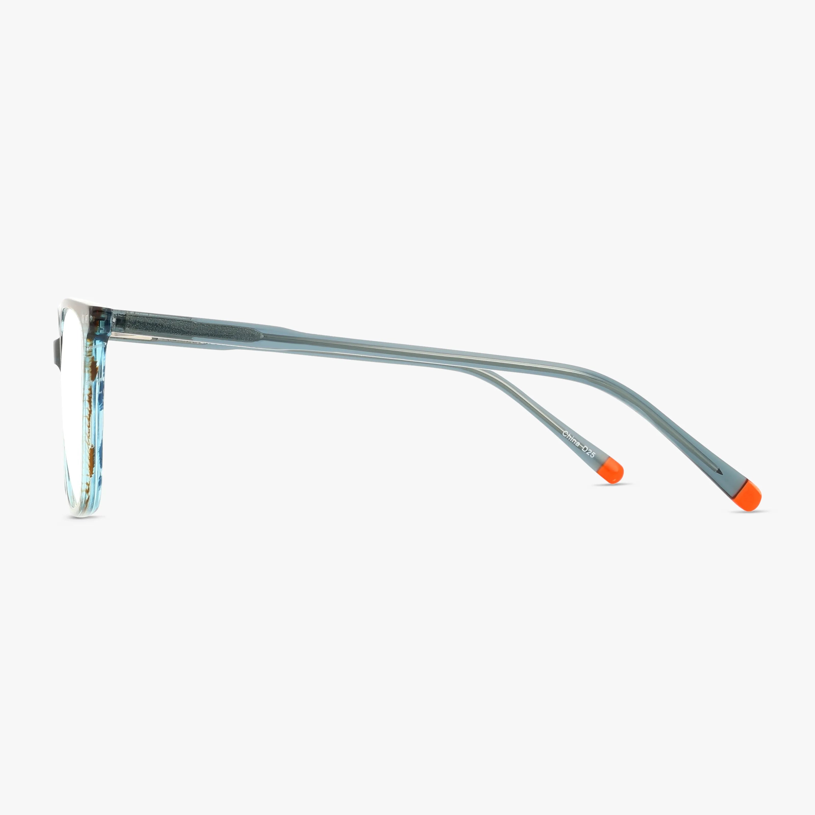 Side view of 1038 eyeglasses featuring a contemporary transparent blue-gray frame with orange tips, ideal for daily wear, shown against a plain white background.