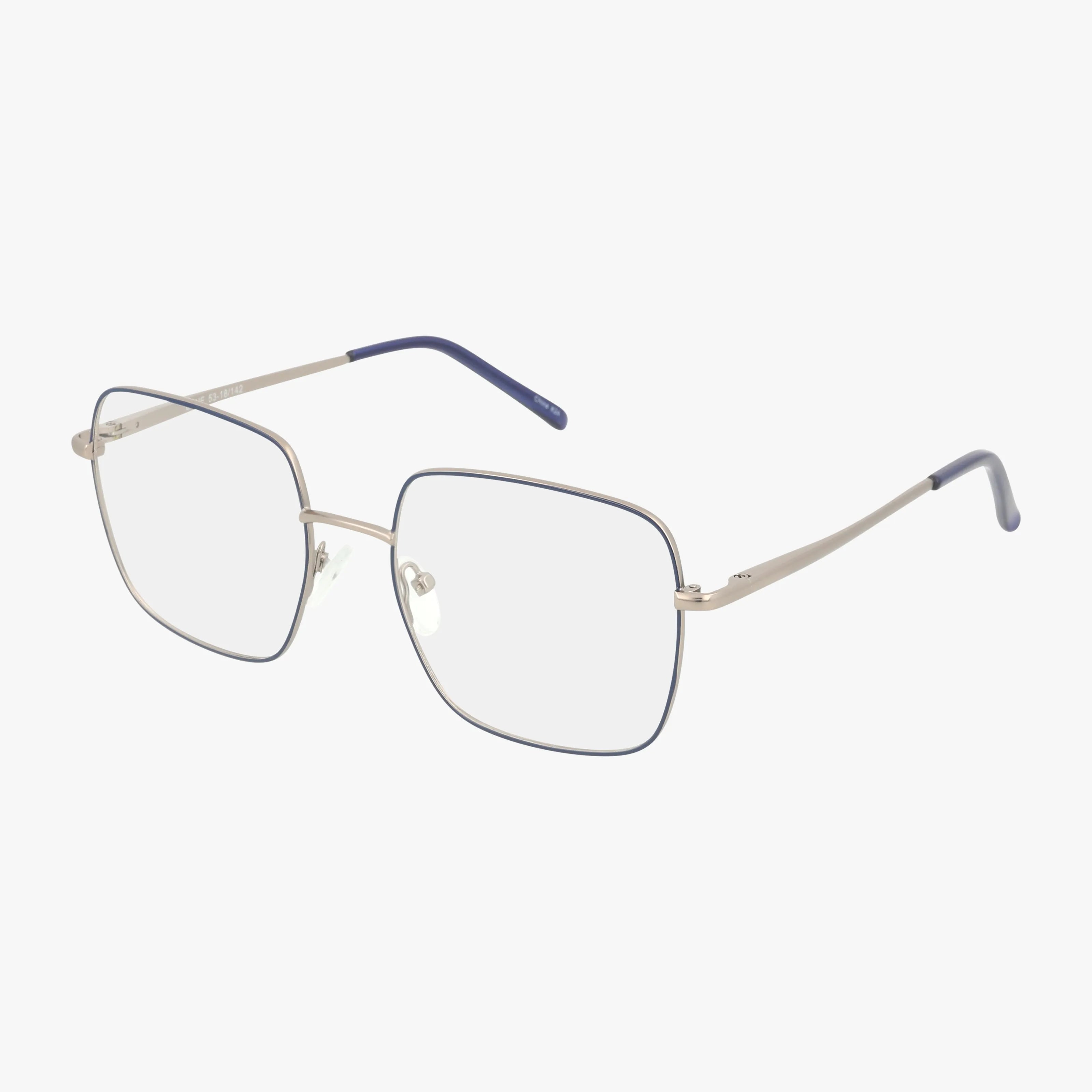 The 264 eyeglasses feature a refined silver metal frame with large geometric square lenses, silver temples with dark blue tips, and clear nose pads. Displayed on a plain white background.