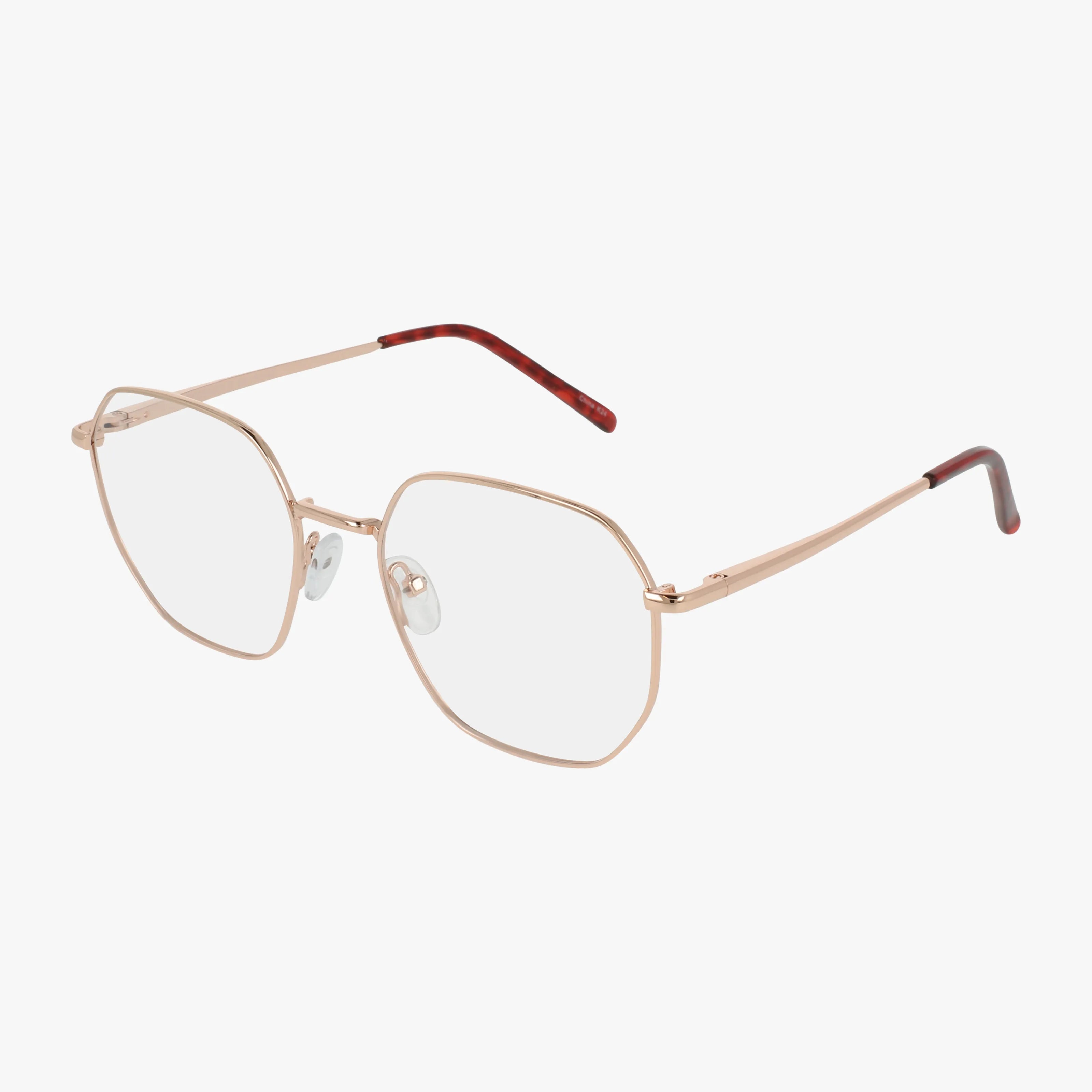 Model 265: Gold geometric eyeglasses featuring a unique thin metal frame, slightly rounded hexagonal lenses, clear nose pads, and brown-tipped temple arms—prescription lens compatible. Displayed on a white background.