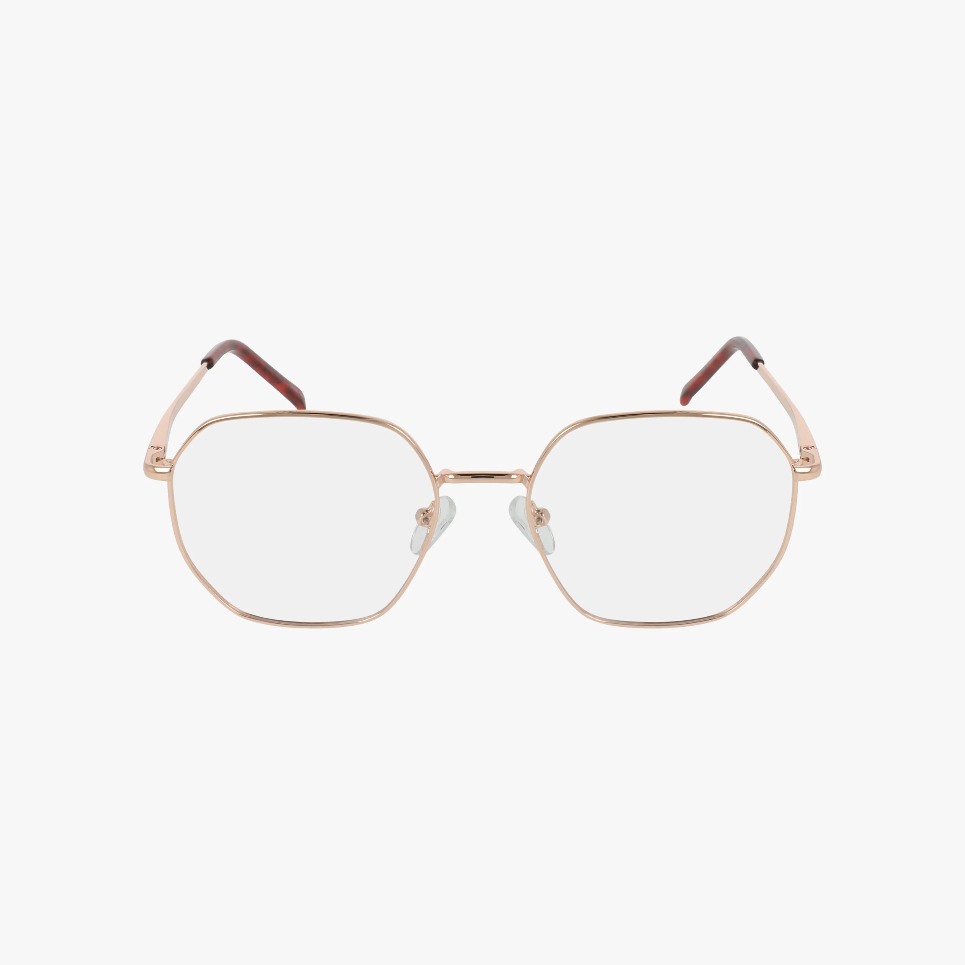 The 265 features gold metal eyeglasses with a geometric octagonal frame, clear lenses, and brown-tipped temples—a bold statement accessory shown on a white background.
