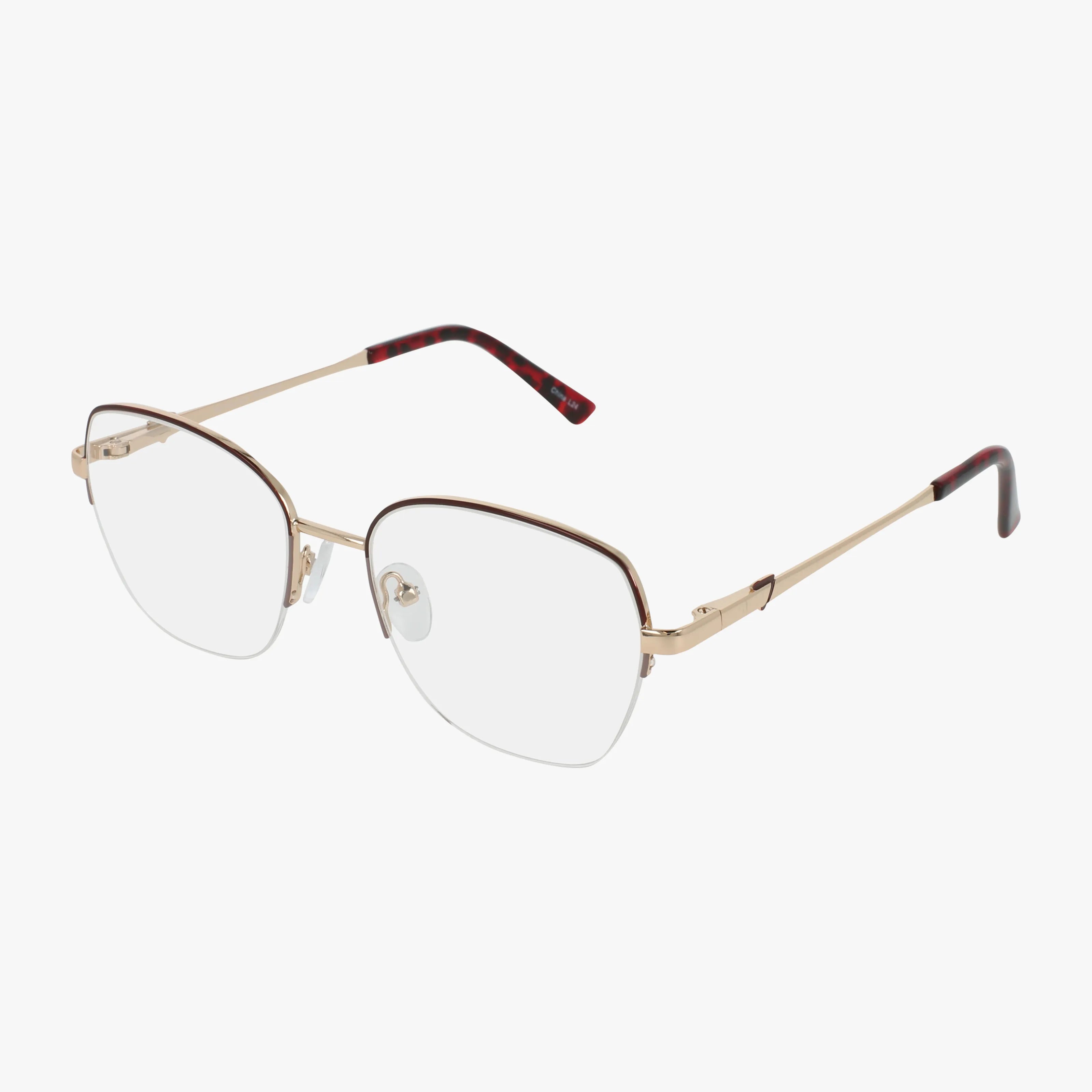 The 268 gold metal eyeglasses feature a sleek square frame, clear lenses, and black-and-red arm tips—lightweight and perfect for modern style. Shown on a white background.