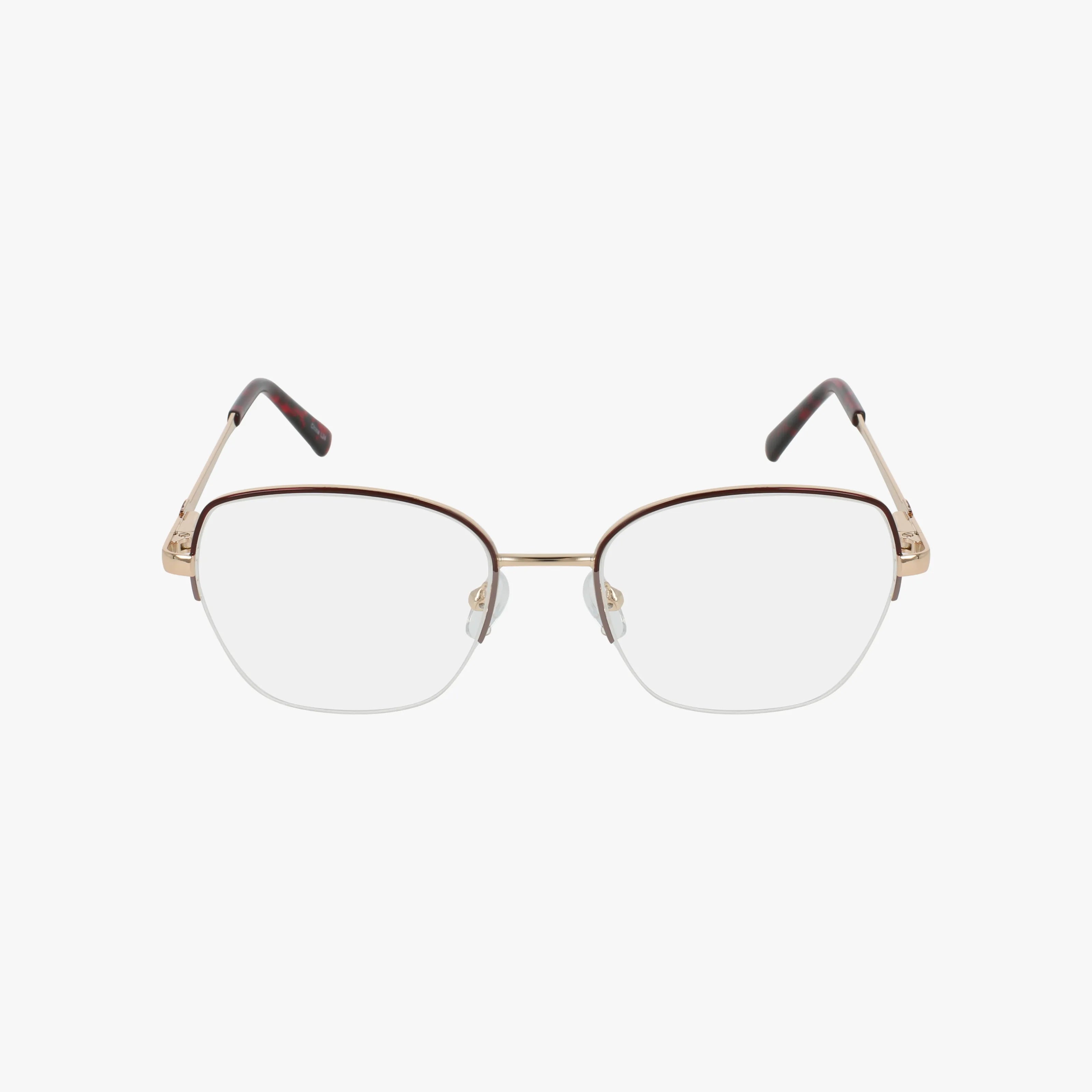 Product 268: Semi-rimless eyeglasses featuring a sleek gold metal frame, clear lenses, and dark-tipped arms. Lightweight and modern, shown facing forward on a plain white background.
