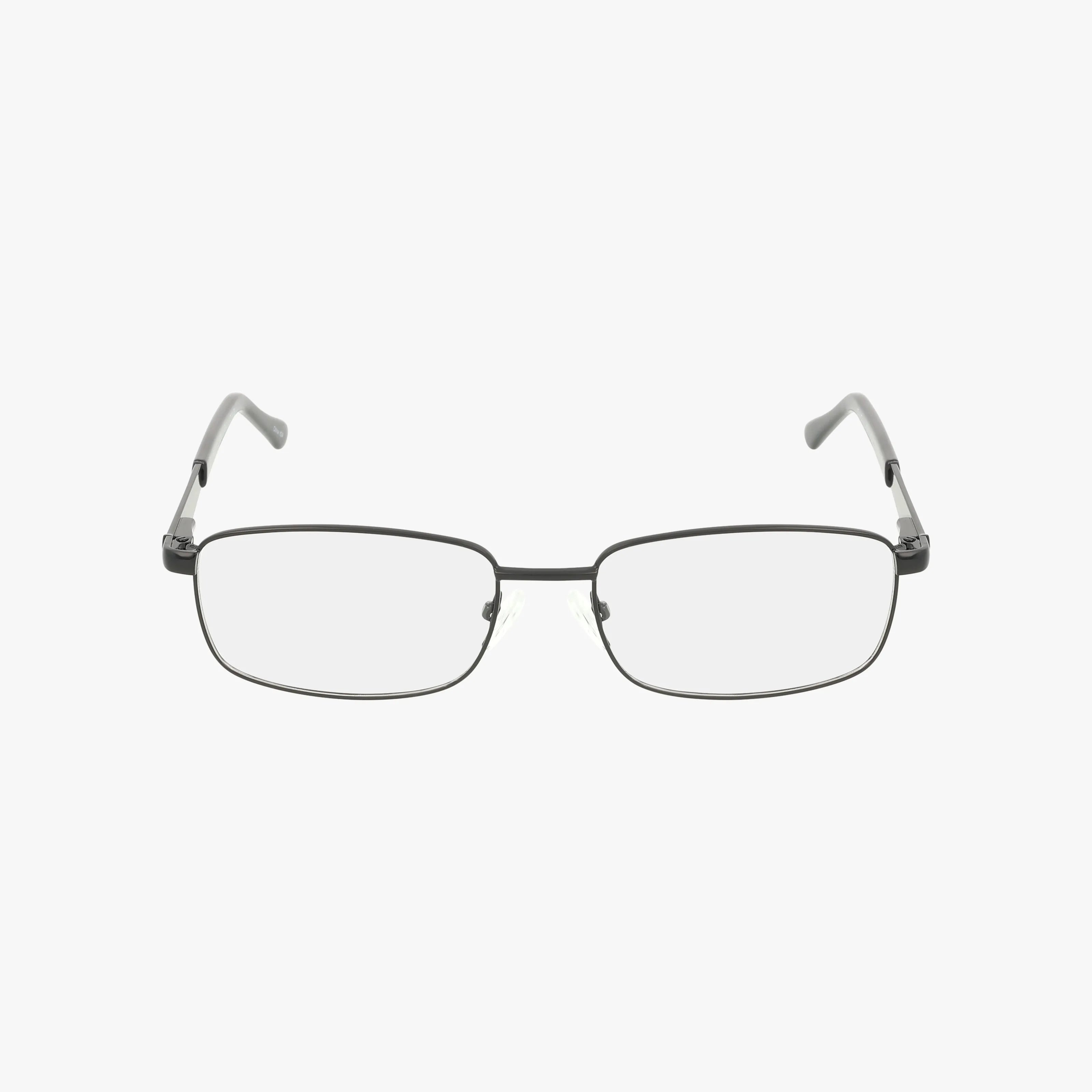 Eyewear Model 271: Rectangular thin black metal frames with clear lenses, featuring lightweight, straight temples subtly curved at the ends for comfort. Displayed against a plain white background.