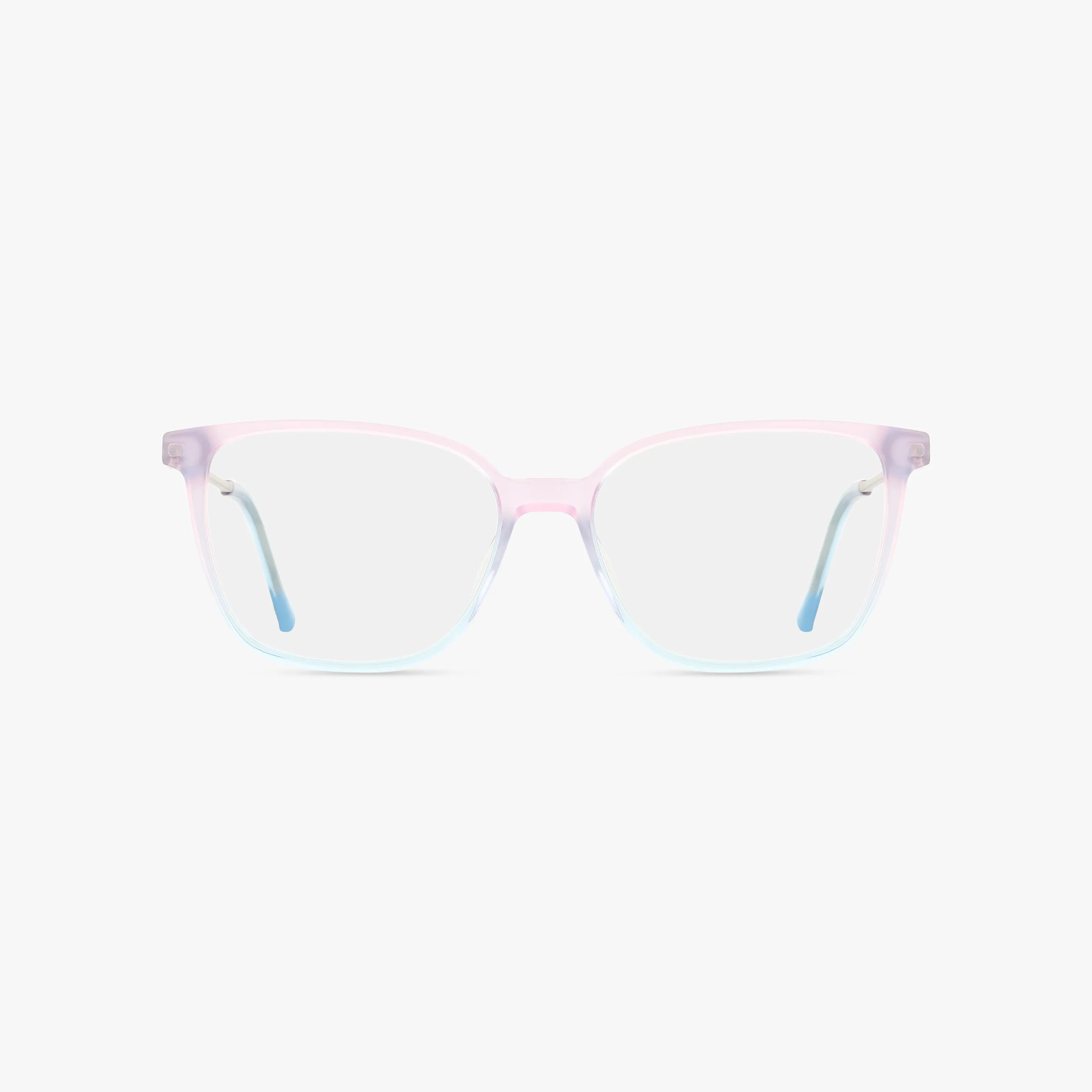 The 1039 eyeglasses feature rectangular lenses and a lightweight, translucent frame that fades from light pink at the top to light blue at the bottom, ideal for everyday wear and shown on a white background.