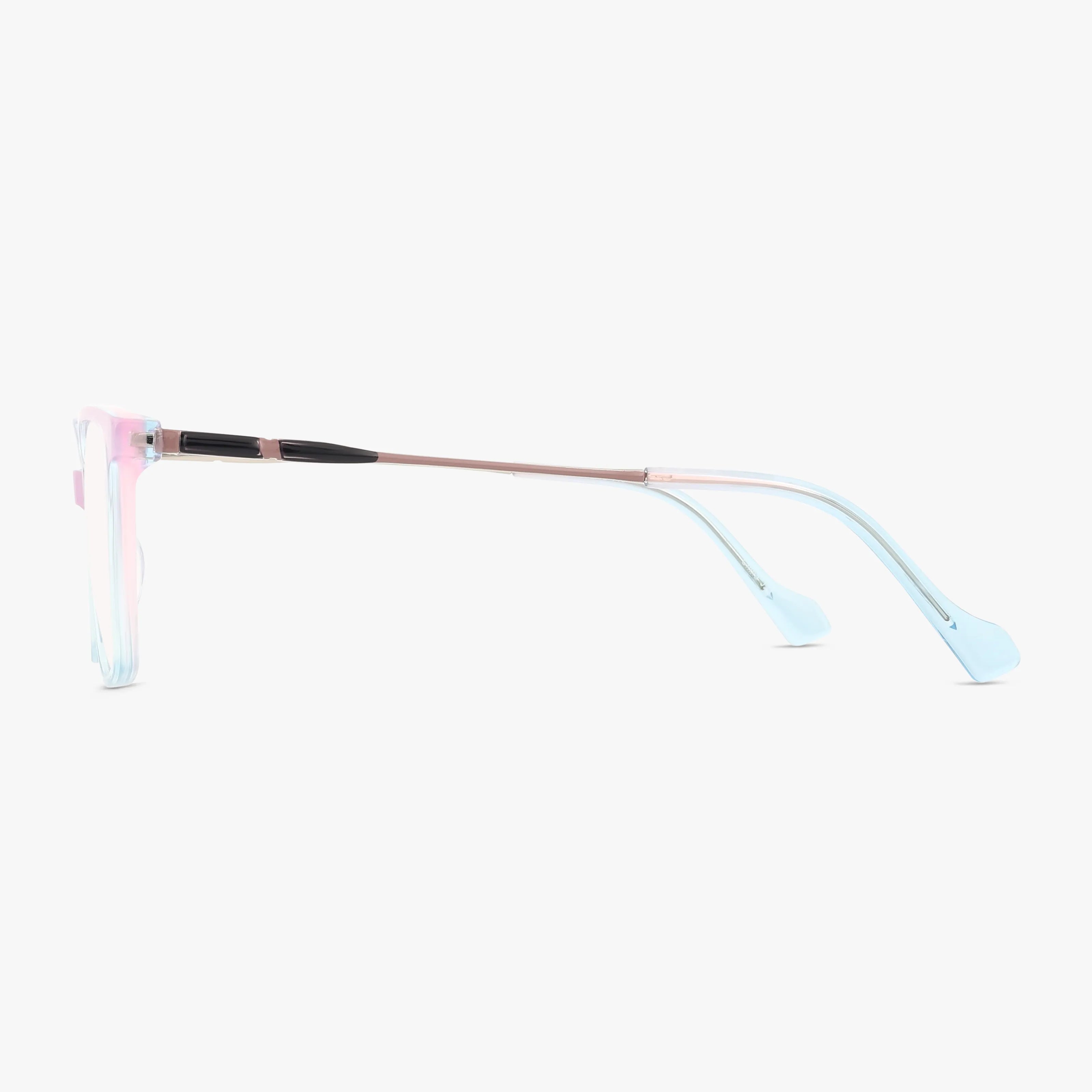 Side view of eyeglasses (Product 1039) with blue light lenses, transparent light blue and pink frames, thin metallic arms, and light blue tips—ideal for daily wear, shown against a plain white background.
