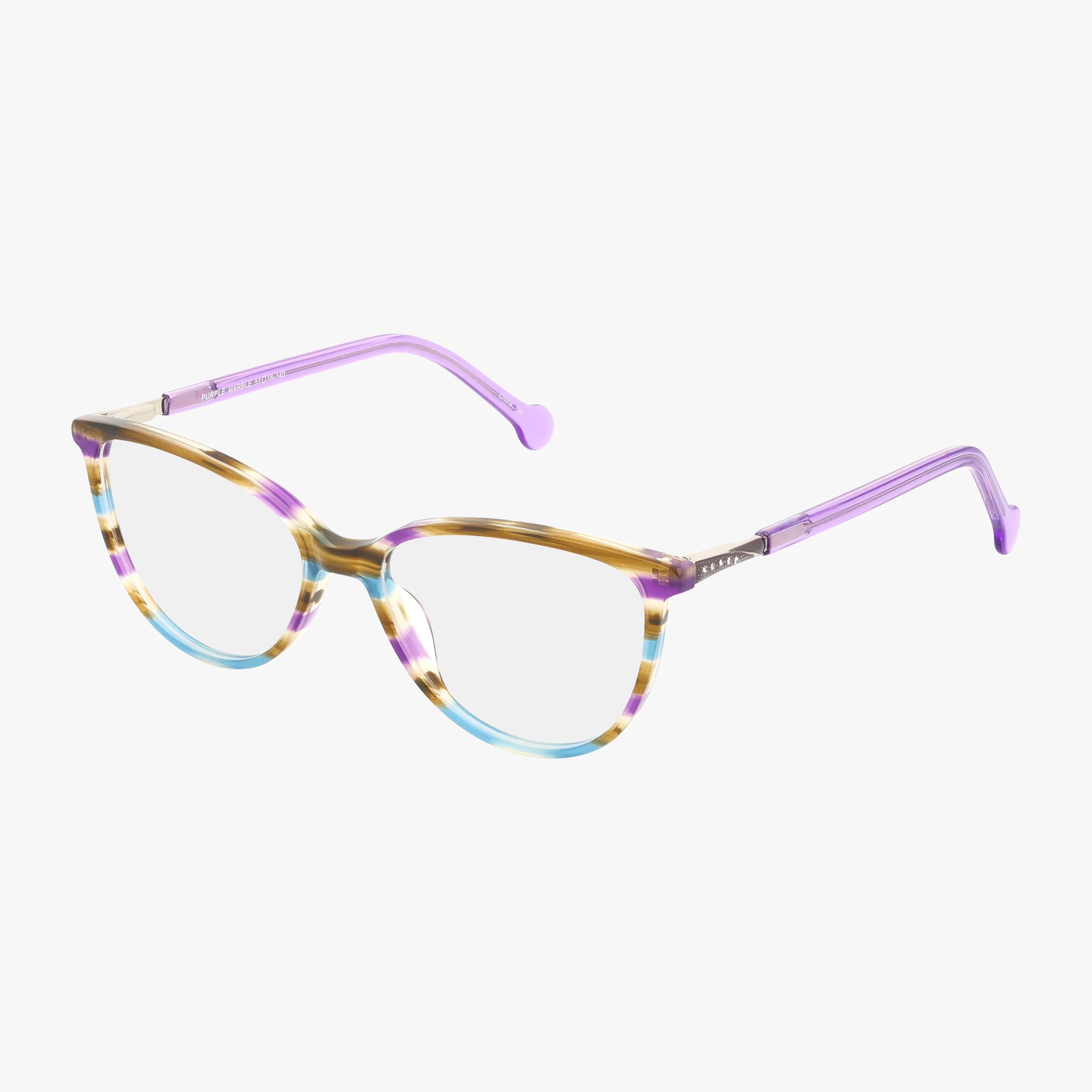 1043 cat-eye eyeglasses feature clear lenses, a striped blue, brown, and white front, and purple matte temples with curved tips—boldly designed to set you apart from the crowd.