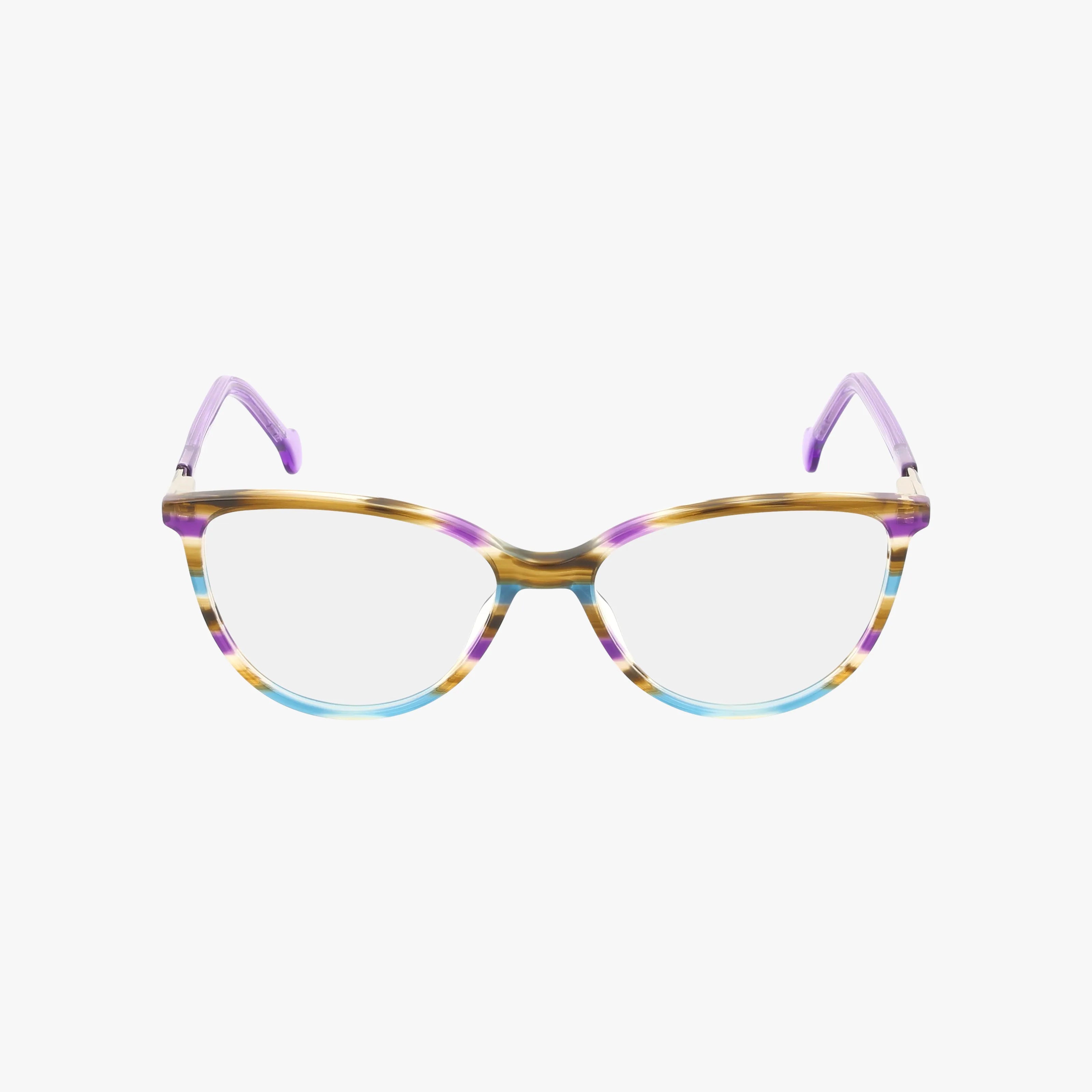 1043 cat-eye eyeglasses feature a multicolored frame in brown, purple, blue, and clear with purple temples—crafted to help you stand out as the Head of the Class. Shown against a white background.