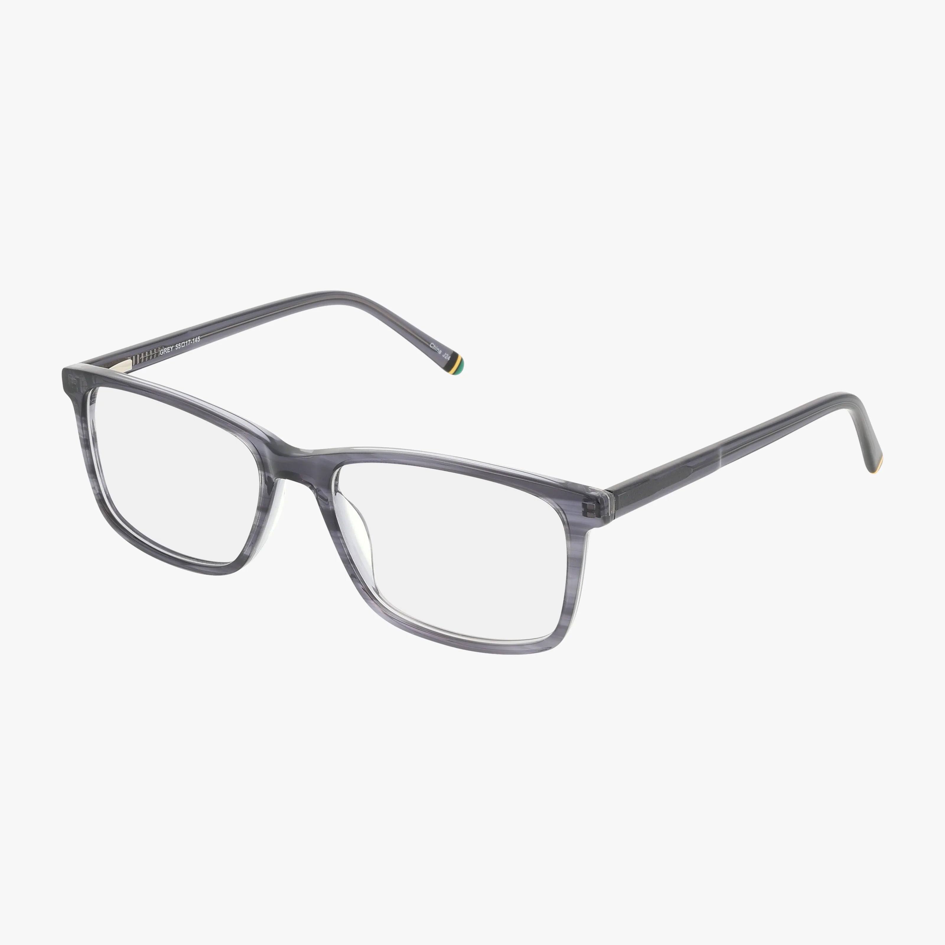 The 1044 is a pair of rectangular, transparent gray eyeglasses with progressive lenses, clear optics, a distinct style, and slightly curved arms, displayed on a white background.