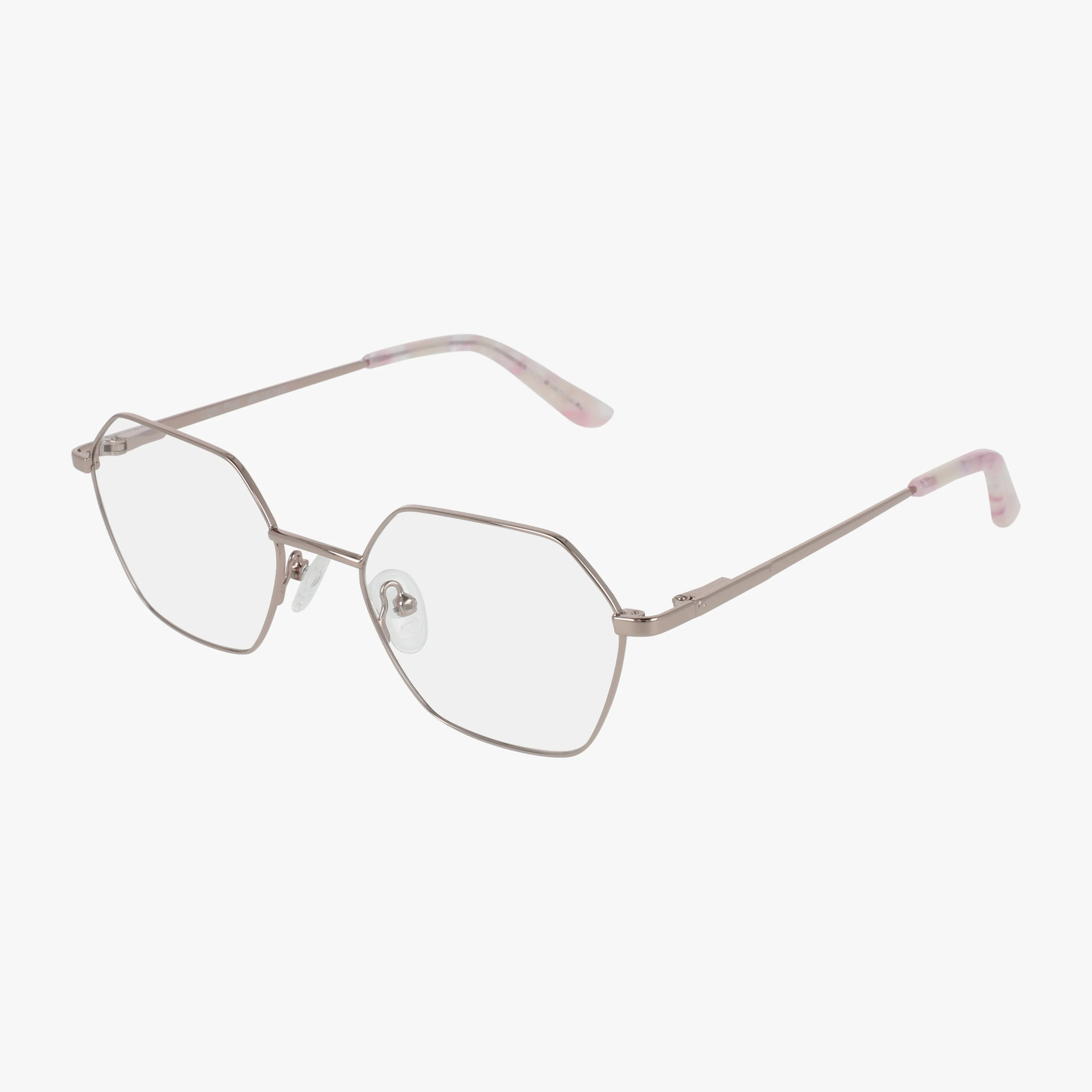 1046 eyeglasses feature thin, metallic hexagonal frames and clear lenses. Slender temples have subtle pink accents at the tips. Perfect for a smart look at school. Displayed on a white background.