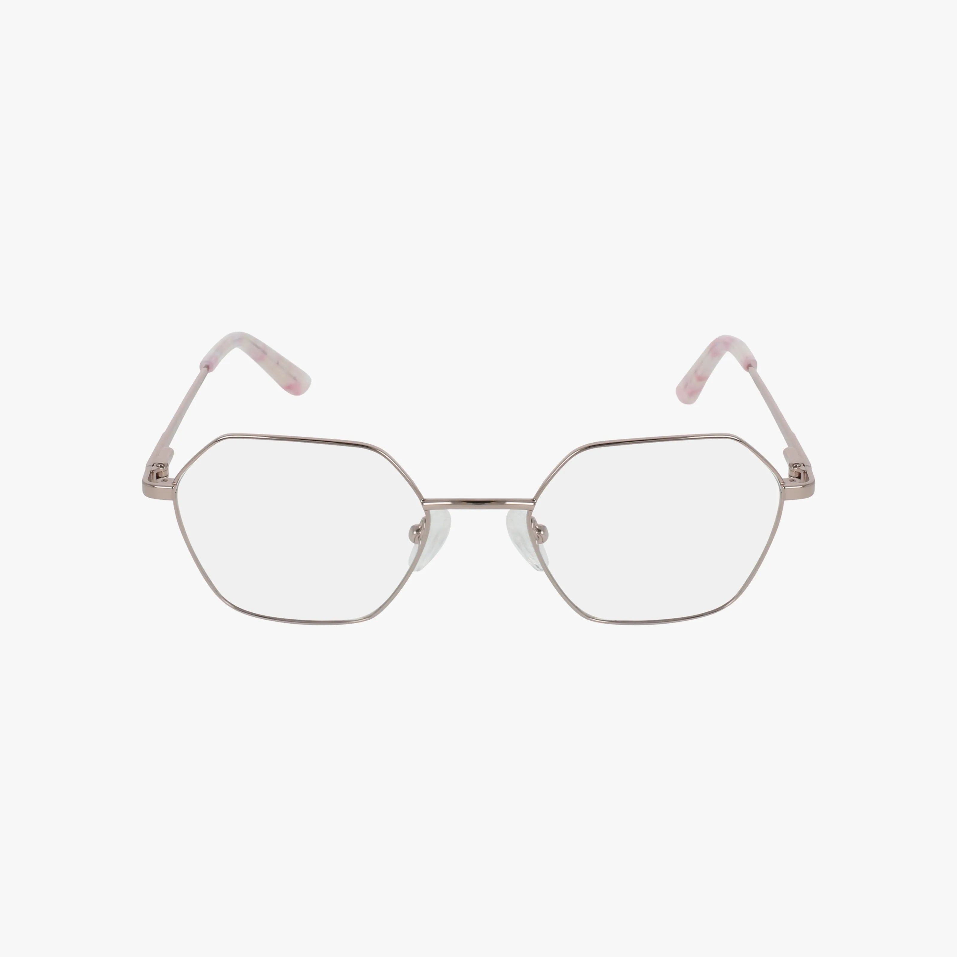 1046 features thin, silver geometric metal frames with clear lenses and light pink patterned temple tips. Stylish and smart—ideal for school or staying sharp. Shown on a white background.