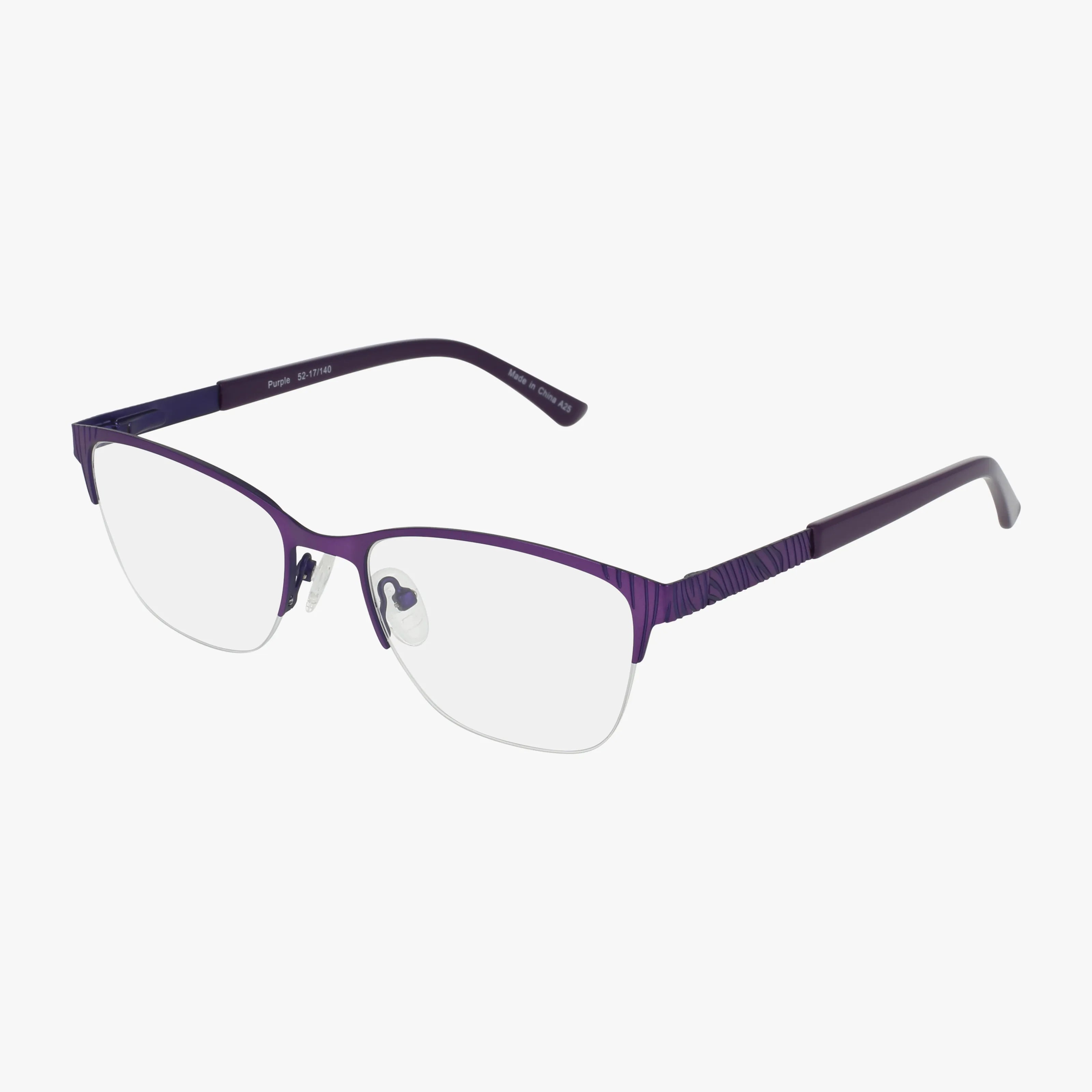 1049: Purple semi-rimless eyeglasses with a minimalist metal frame, rectangular lenses, adjustable nose pads, and straight temple arms. Lightweight design displayed on a white background. Suitable for prescription lenses.