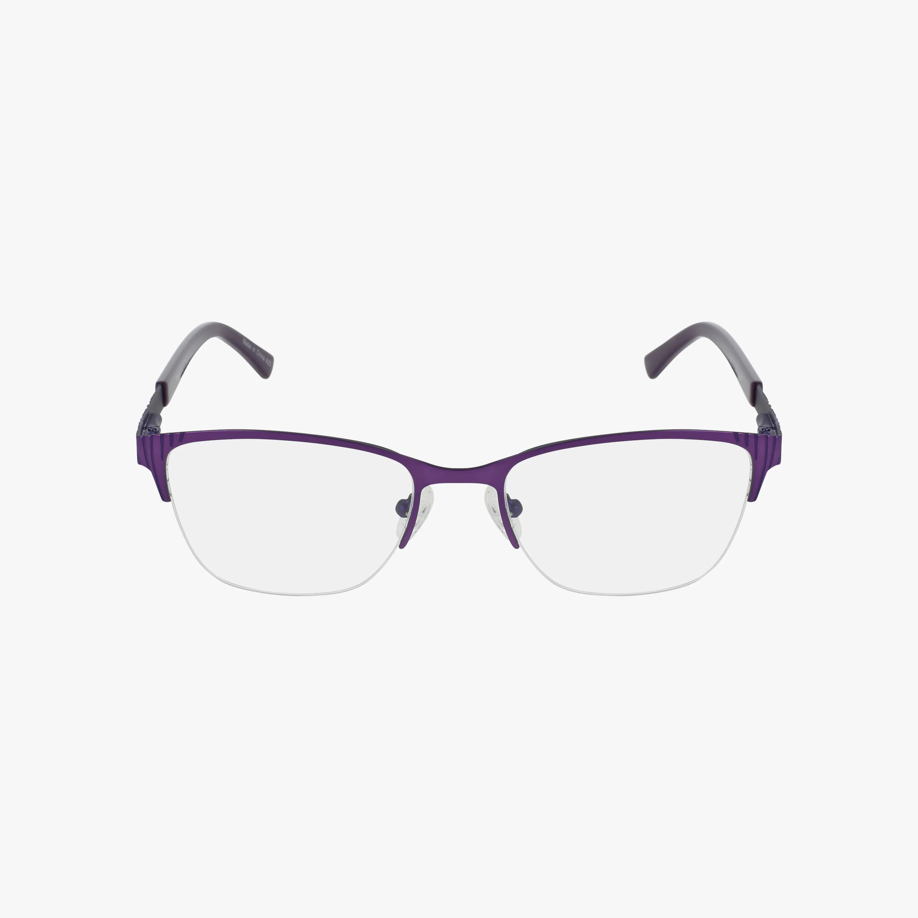 The 1049 eyewear features a semi-rimless, lightweight, minimalist purple frame with clear prescription lenses, shown on a white background.