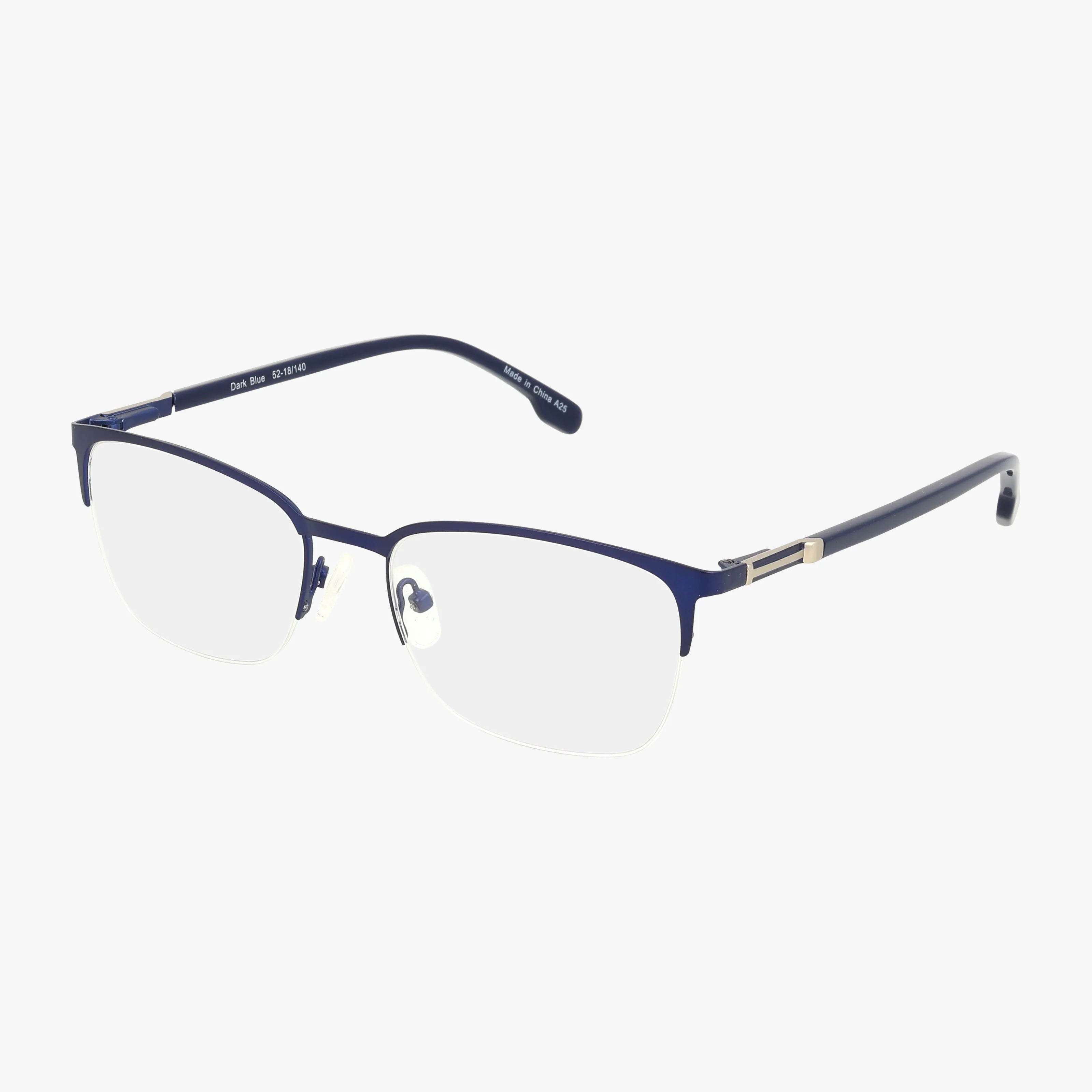 The 1050 eyeglasses feature a rectangular, thin-rimmed blue metal frame with clear lenses, displayed on a white background.