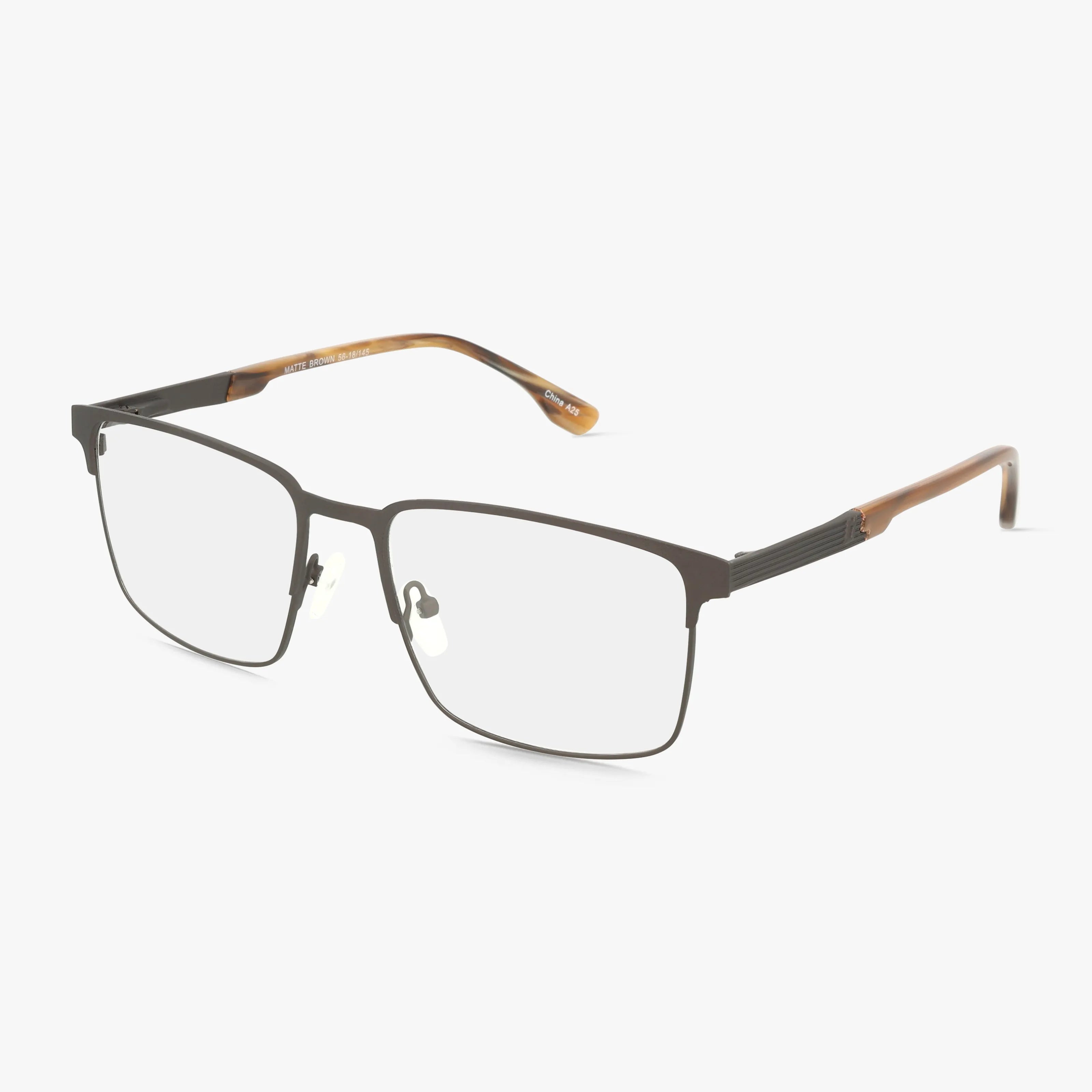 Rectangular, rimless eyeglasses 1054 feature a durable brown metal frame, clear lenses, black side detailing, and brown plastic temple tips—ideal for fashion eyewear enthusiasts. Displayed on a white background.