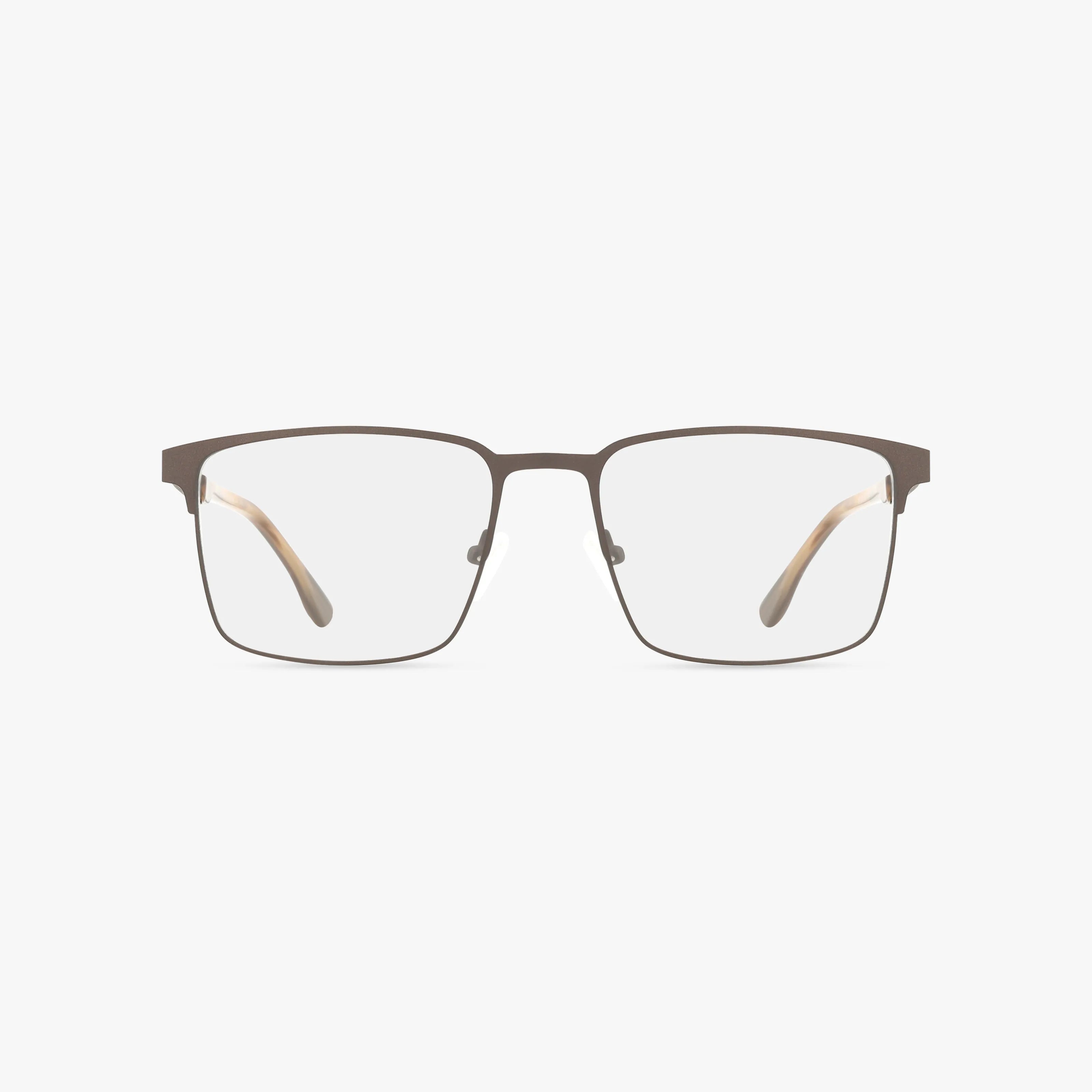 The 1054 is a pair of rectangular, thin-framed metal fashion eyewear with clear progressive lenses. Displayed on a white background, it features light-colored temples with darker tips for a modern look.