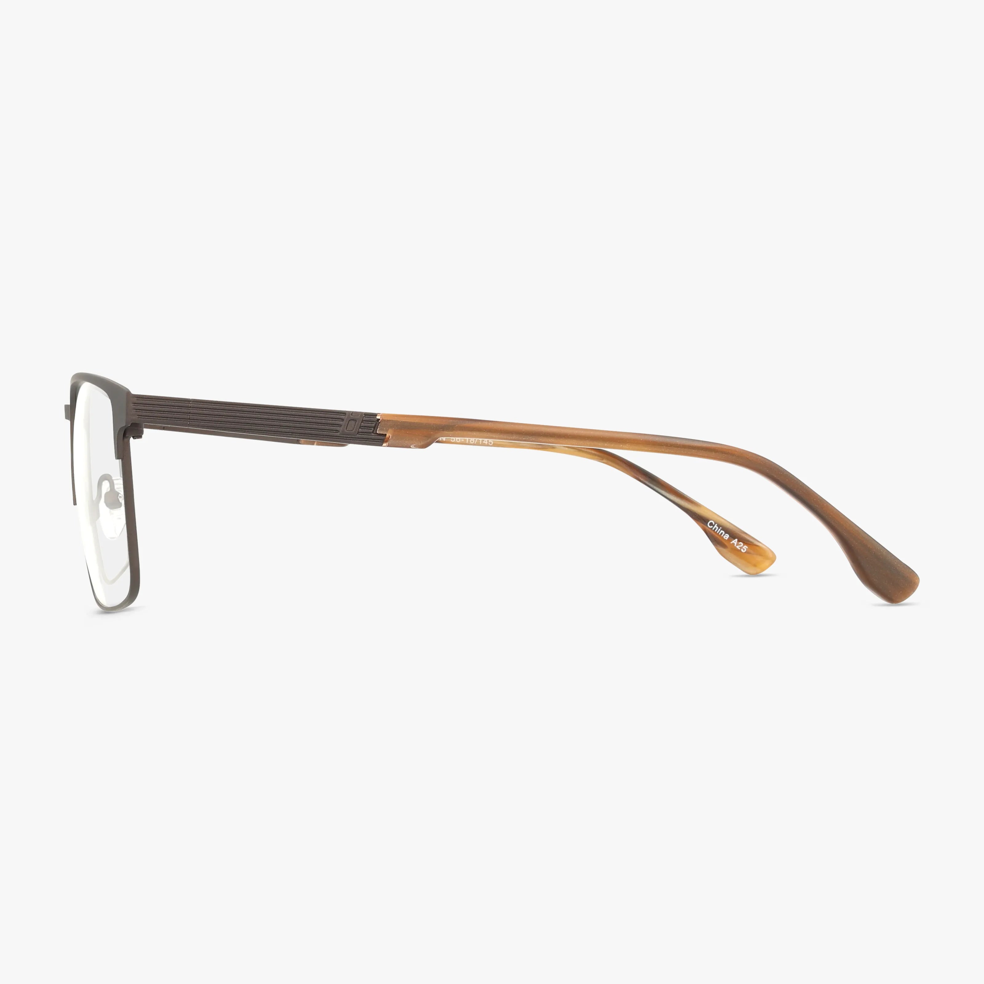 Side view of 1054 eyewear featuring a black metal frame and brown plastic temples, displayed against a plain white background.