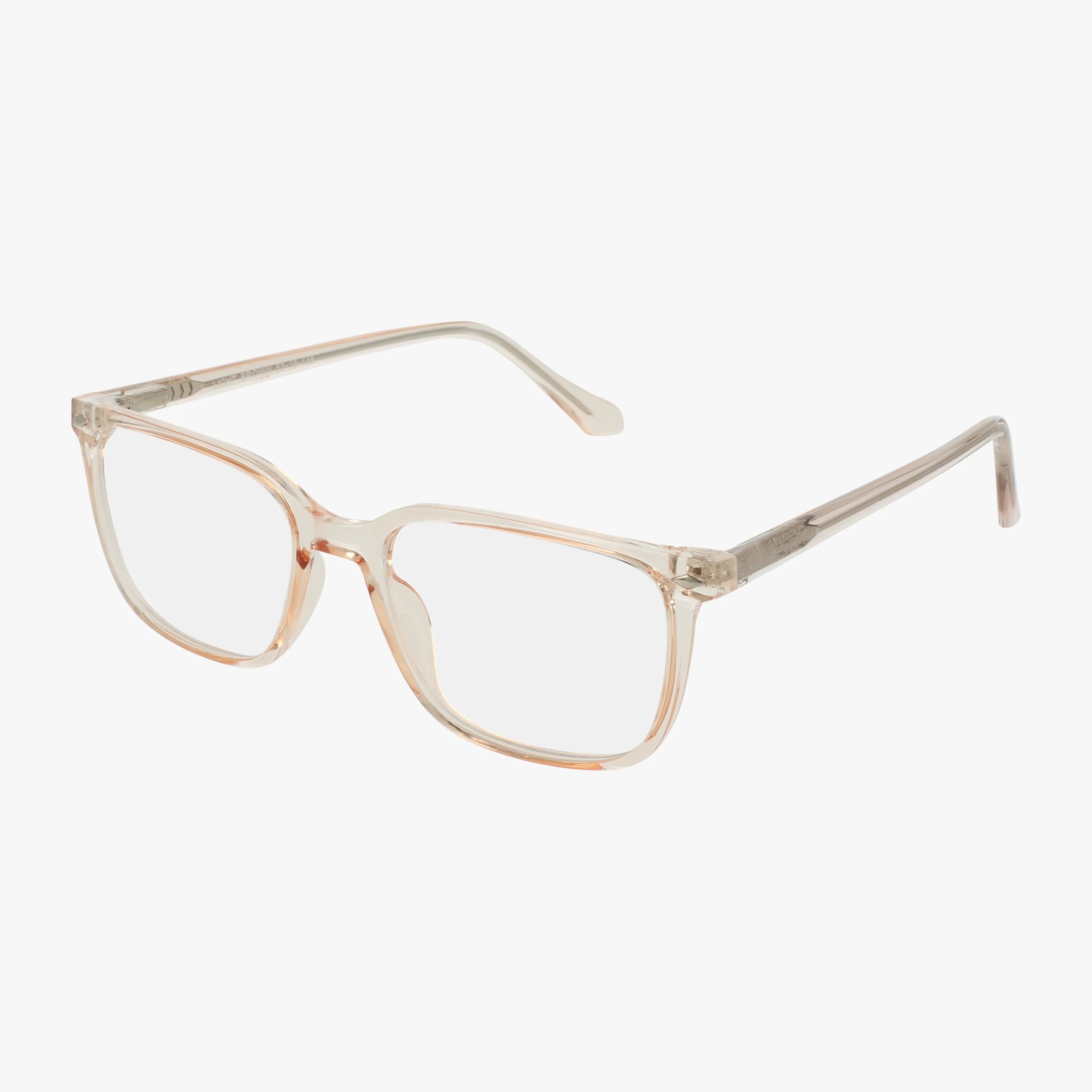 The 108 eyeglasses feature a clear rectangular shape with transparent plastic frames and straight arms, offering a lightweight design ideal for daily wear, shown against a white background.