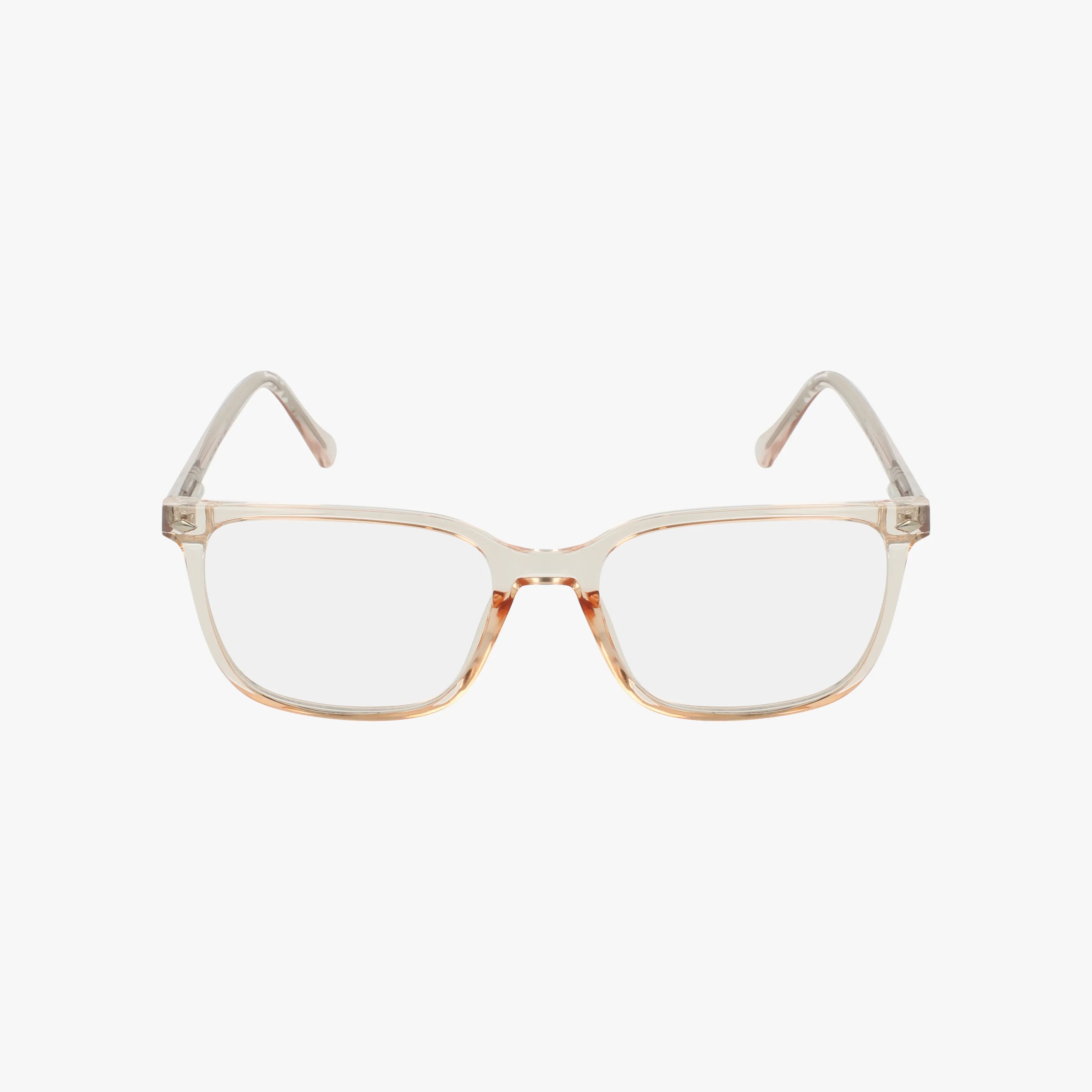Model 108 eyeglasses feature clear frames with a subtle brown gradient at the bottom, rectangular lenses, and thin arms. Lightweight for everyday comfort, they offer optional blue light protection. Shown on a white background.