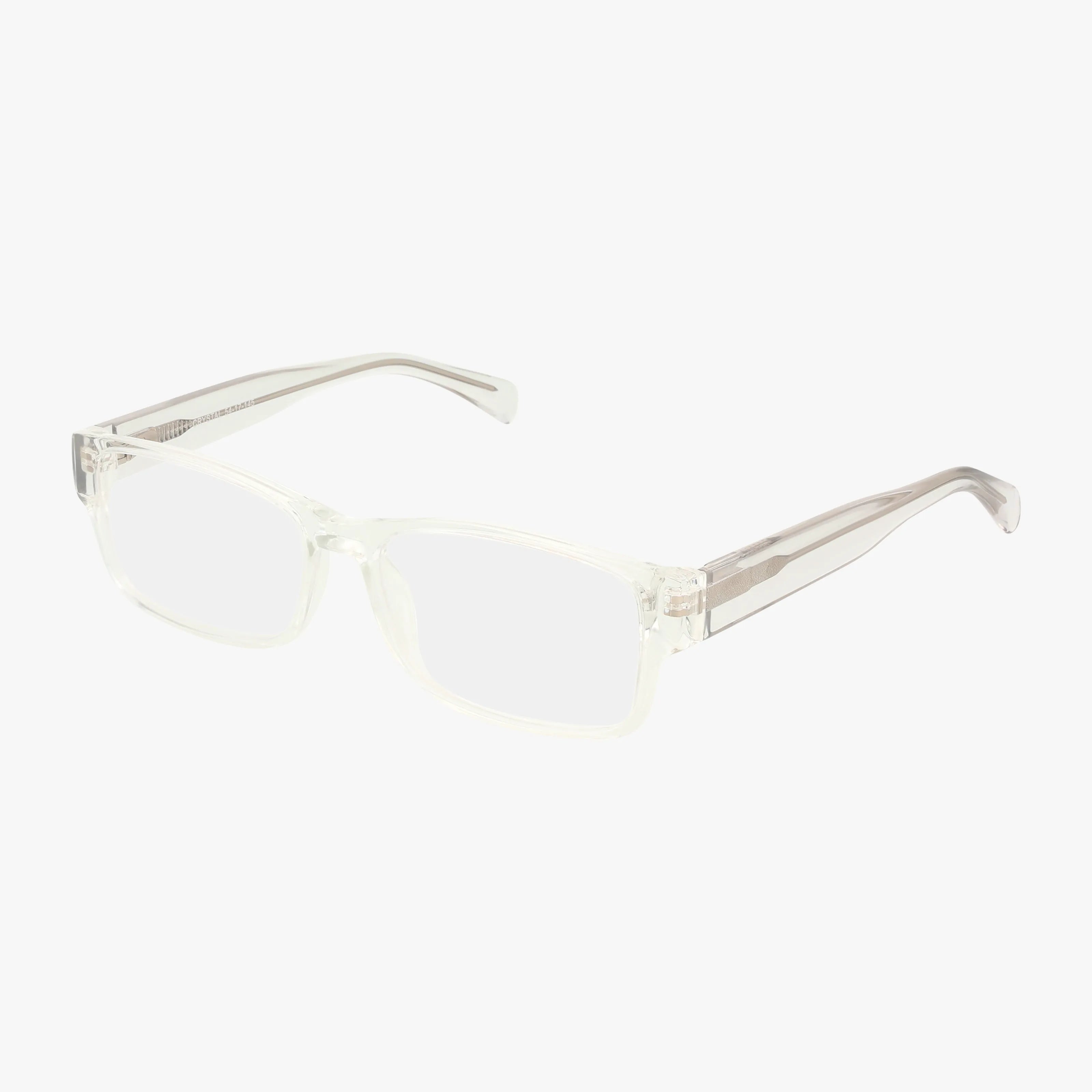 The 111 eyeglasses feature clear plastic rectangular frames and arms in a transparent finish, combining comfort with modern style, shown against a white background.