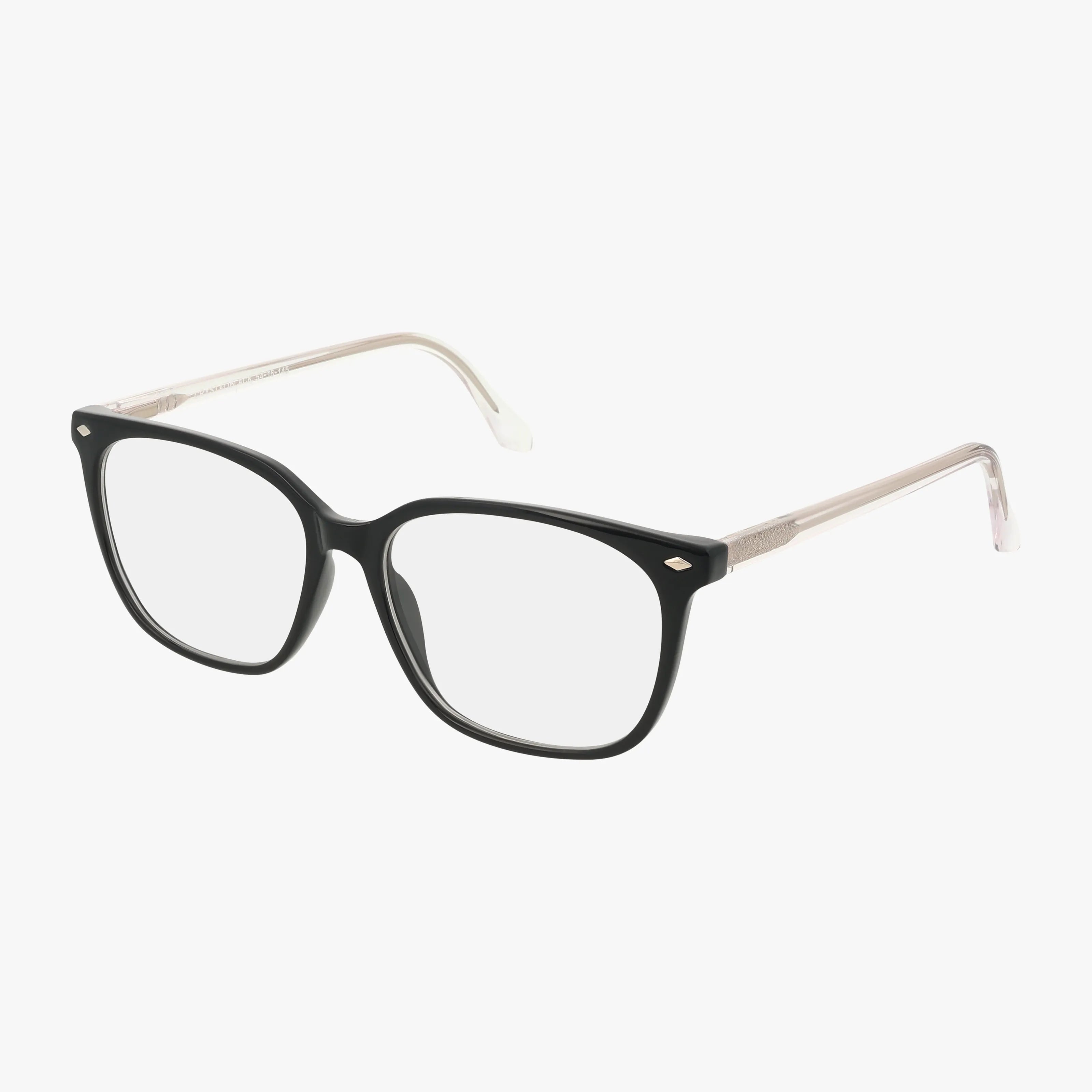 The 115 eyeglasses feature black square frames and clear, slightly curved temples, creating a tailored design with a modern twist, showcased on a white background.