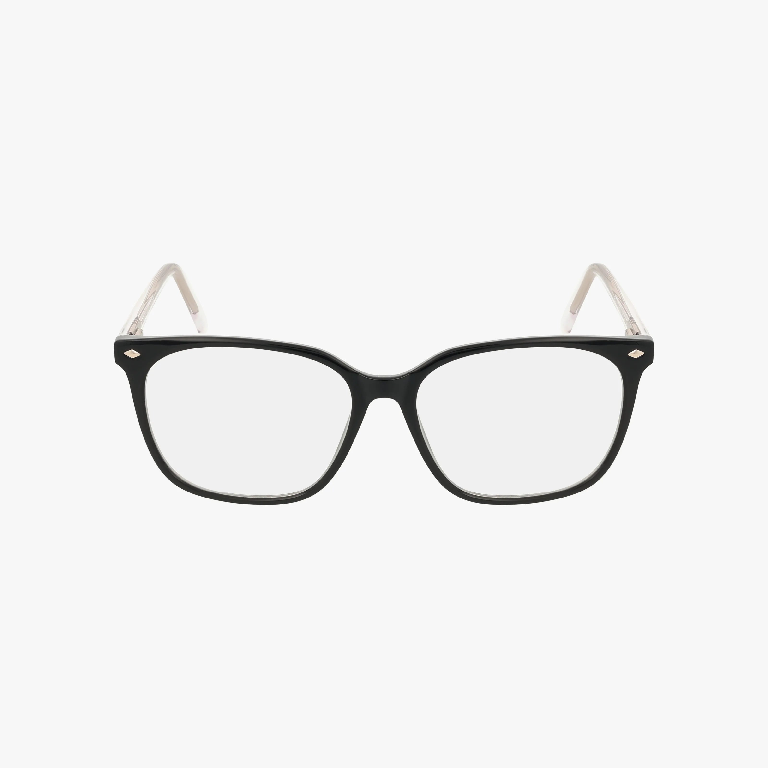 The 115 eyeglasses feature black rims, clear lenses, and translucent temple arms for a modern take on classic style, shown on a white background.