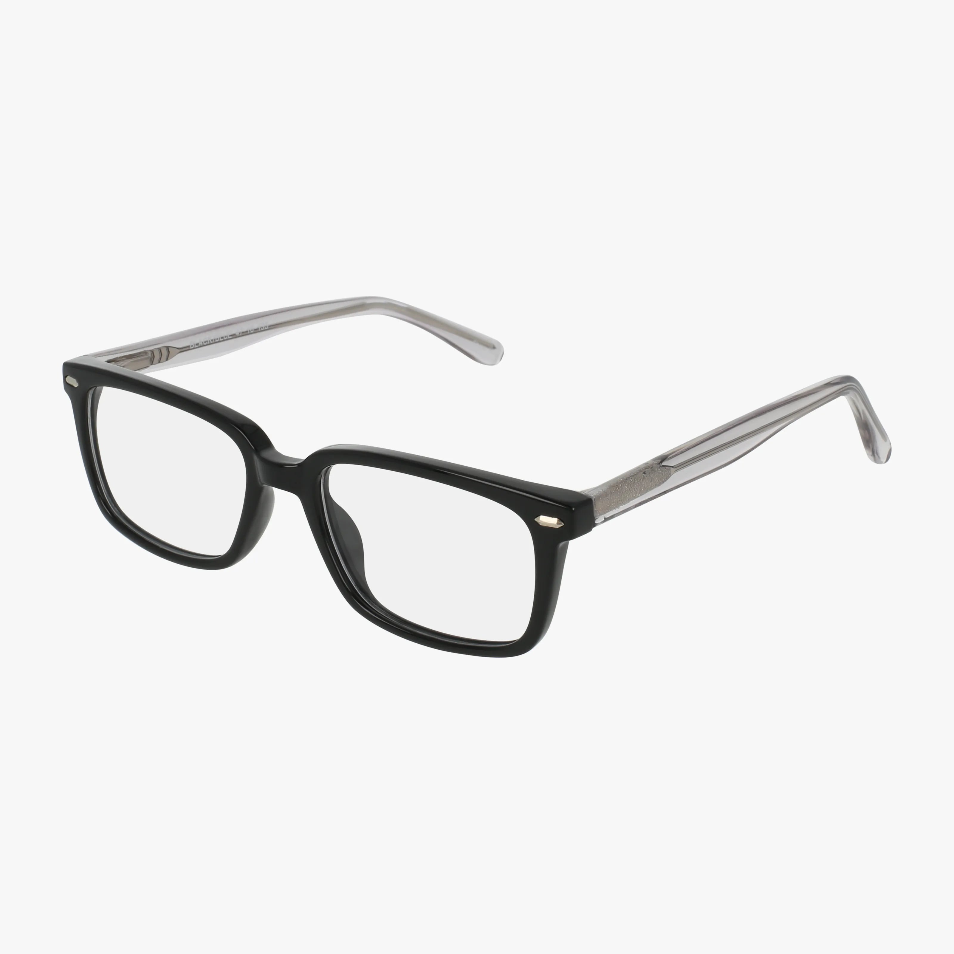 Product 116: Black rectangular eyeglasses with transparent gray arms, designed to help you stand out as Head of the Class, displayed on a white background.