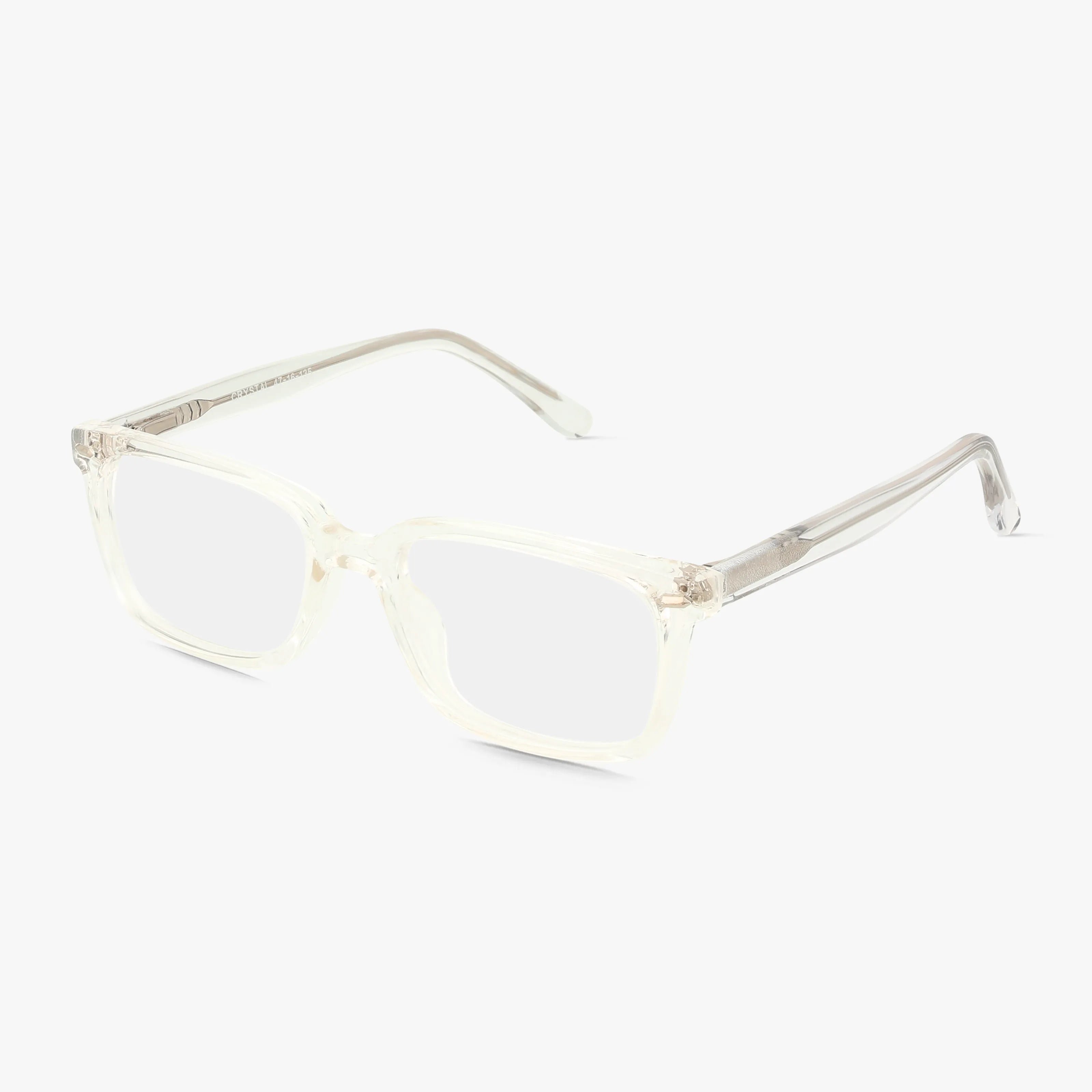 The 116 features clear rectangular eyeglasses with transparent frames and arms, showcased at an angle on a white background for a standout, Head of the Class style.