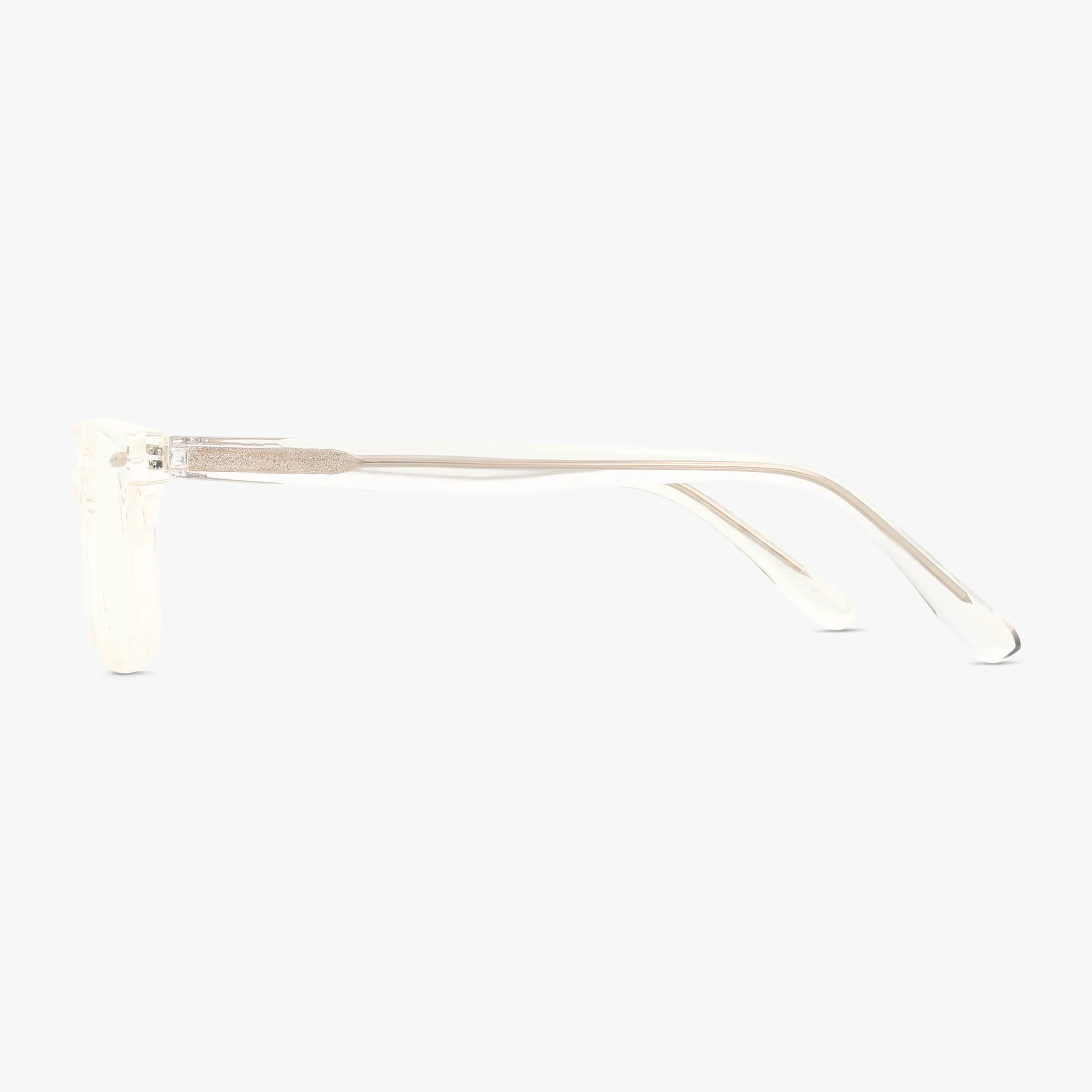 A side view of the 116 clear, transparent eyeglass frames with thin arms is perfectly showcased against a plain white background, making them stand out.