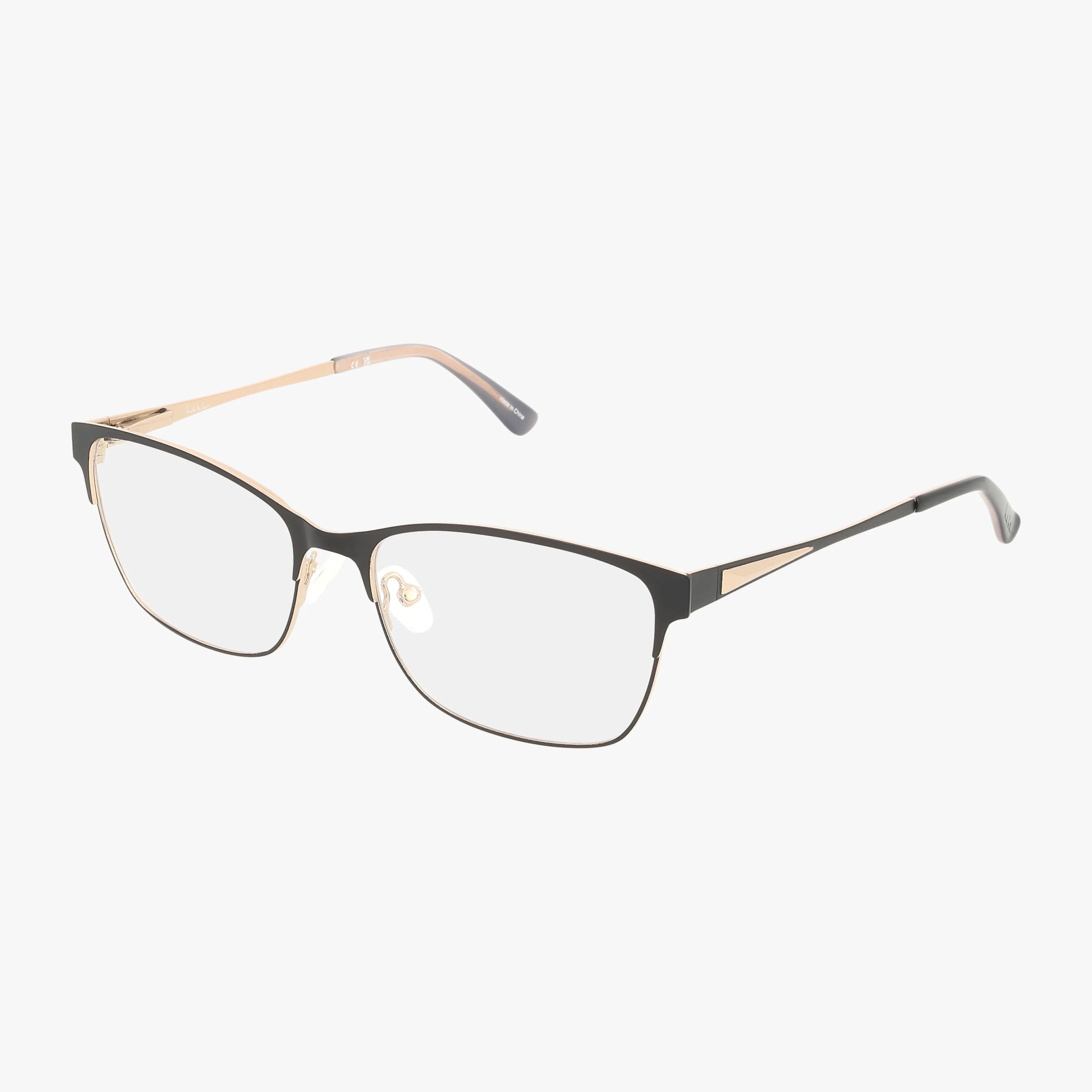 GLENMORE rectangular eyeglasses feature thin black metal frames with gold-colored arms, displayed on a white background.