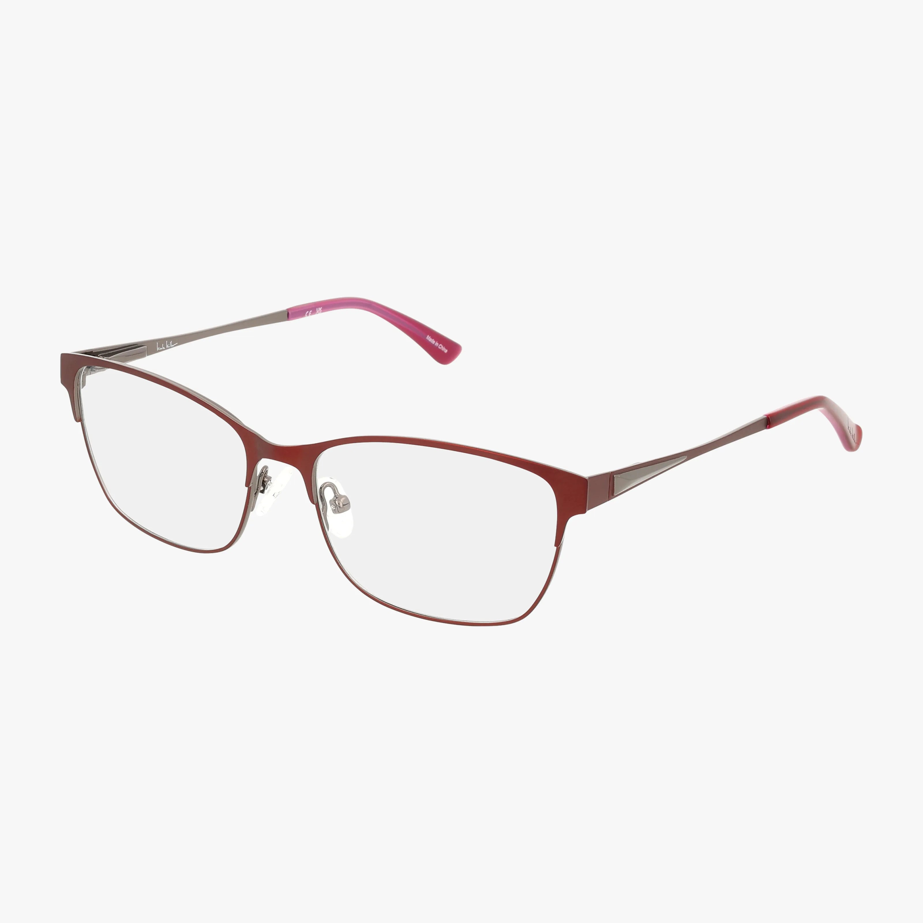 GLENMORE eyeglasses feature rectangular, thin red metal frames with clear lenses, adjustable nose pads, and temples fading from red at the front to metallic and pink at the tips.