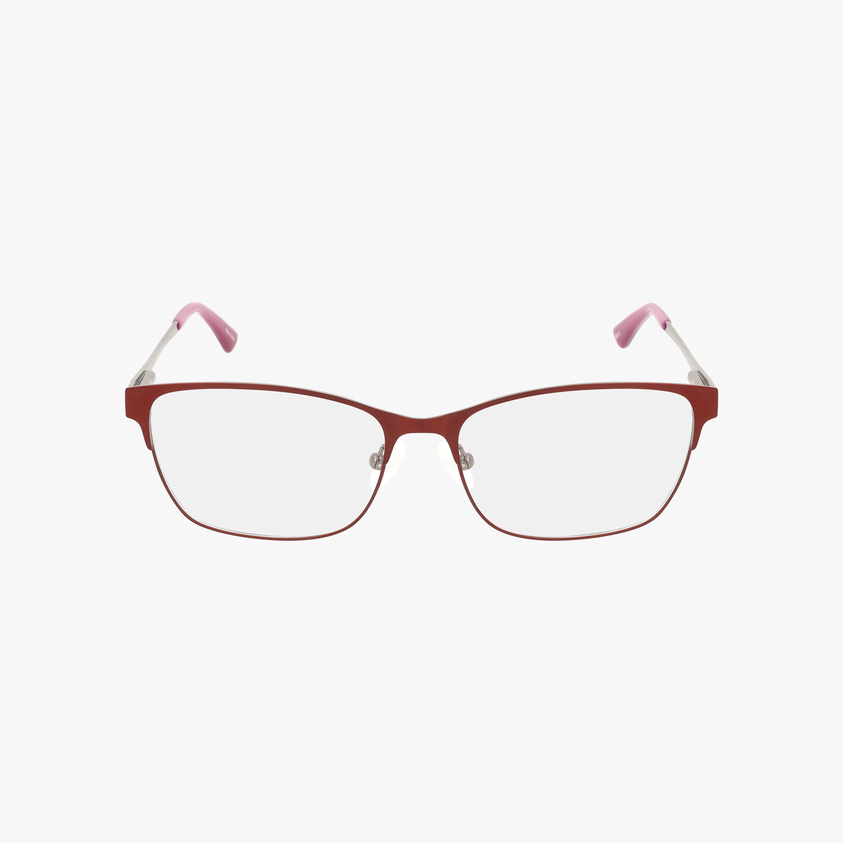 GLENMORE eyeglasses feature red rectangular frames, silver temples, and pink tips, shown on a white background.