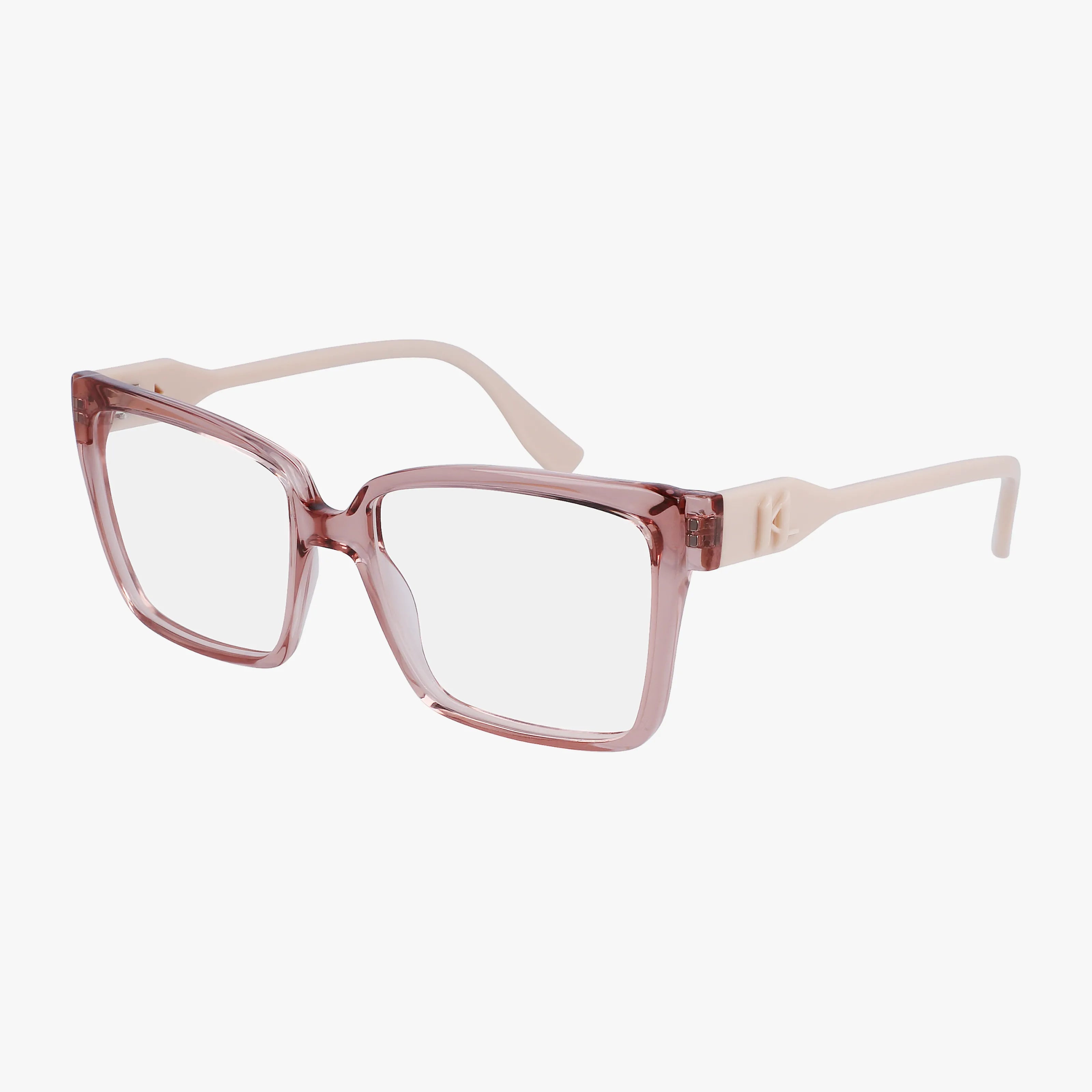 The KL6110 features square, oversized eyeglass frames in light pink translucent with beige arms and quality craftsmanship, shown on a white background.