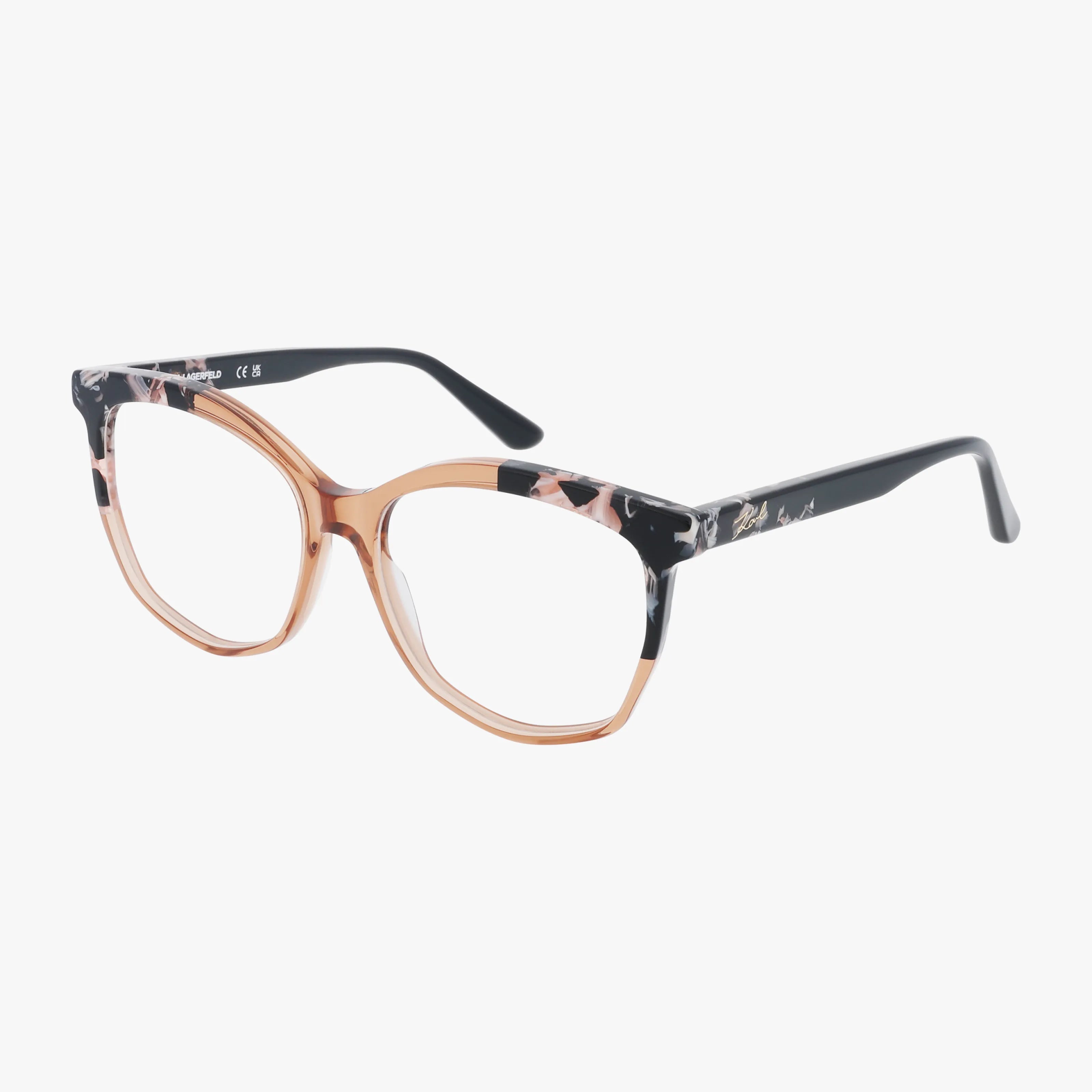 KL6154 oversized eyeglasses feature a modern geometric frame in transparent peach and black, accented with light pink and white marbling, durable build, black temple arms, and are compatible with prescription lenses.