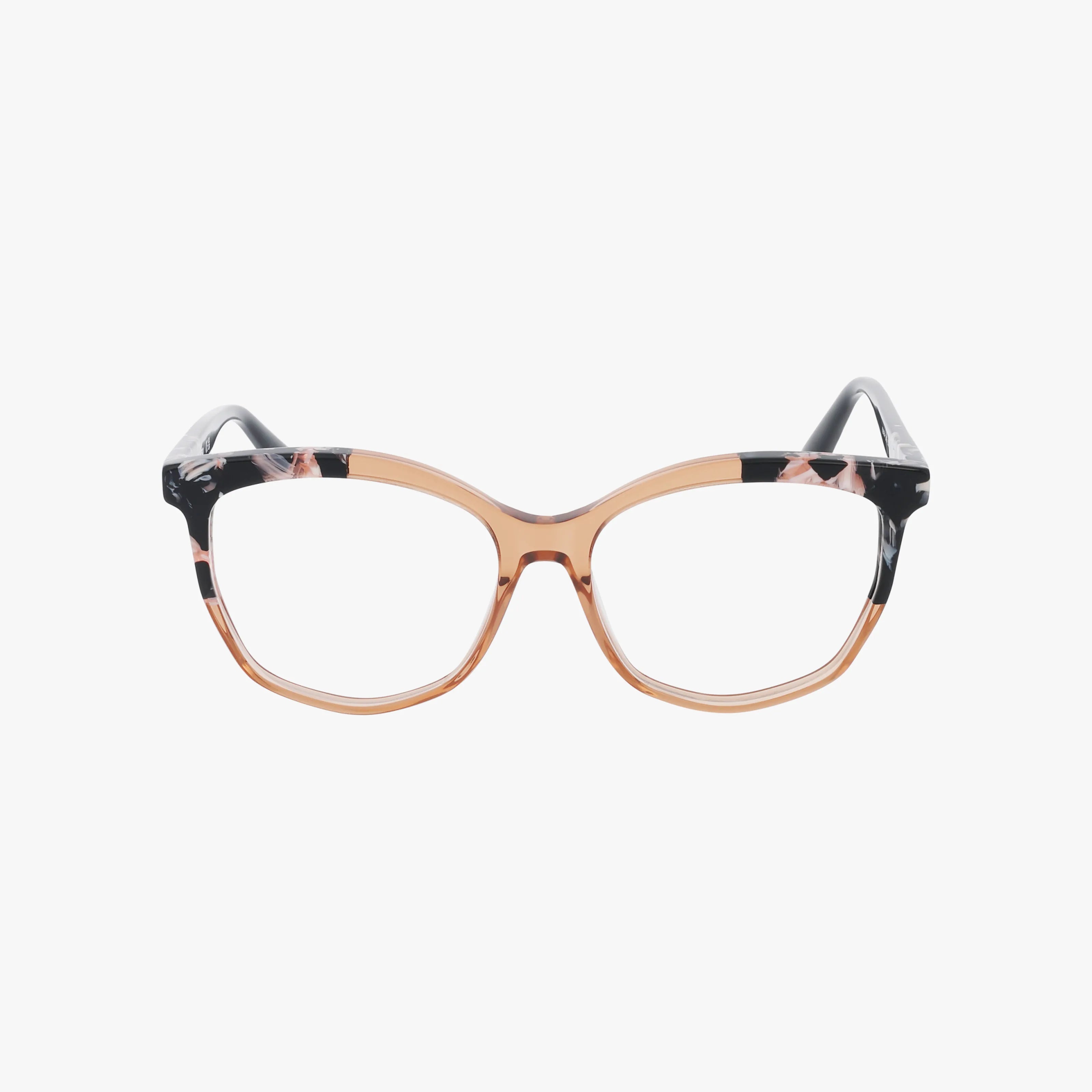 The KL6154 eyeglasses feature a modern cat-eye shape with a light brown transparent bridge and inner frame, plus dark mottled temples and upper accents. Add prescription lenses for style and function. Shown against a white background.