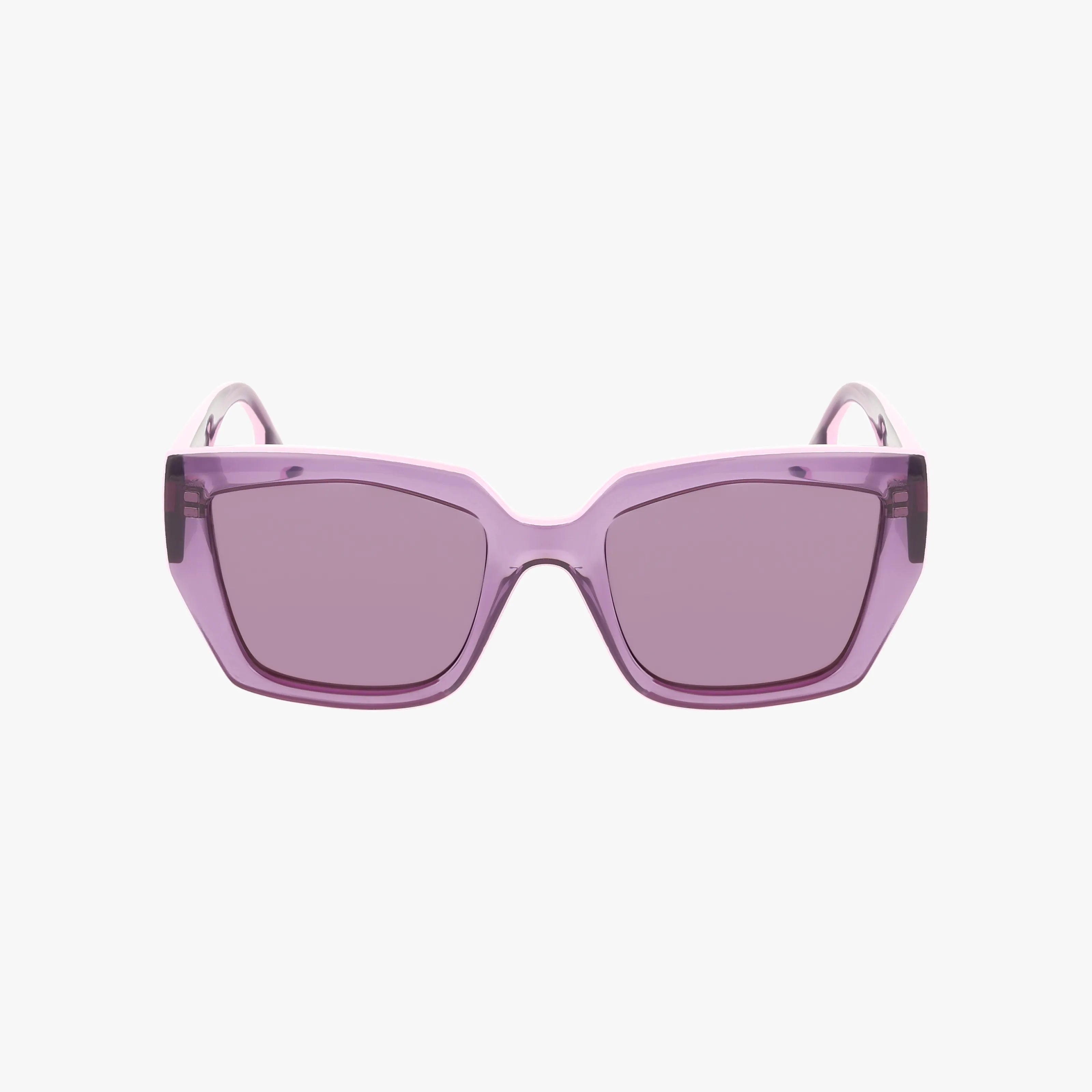 The KL6143S sunglasses feature rectangular, purple-tinted lenses and matching translucent frames. Lightweight and stylish, theyre perfect for browsing eyewear online. Displayed against a plain white background.