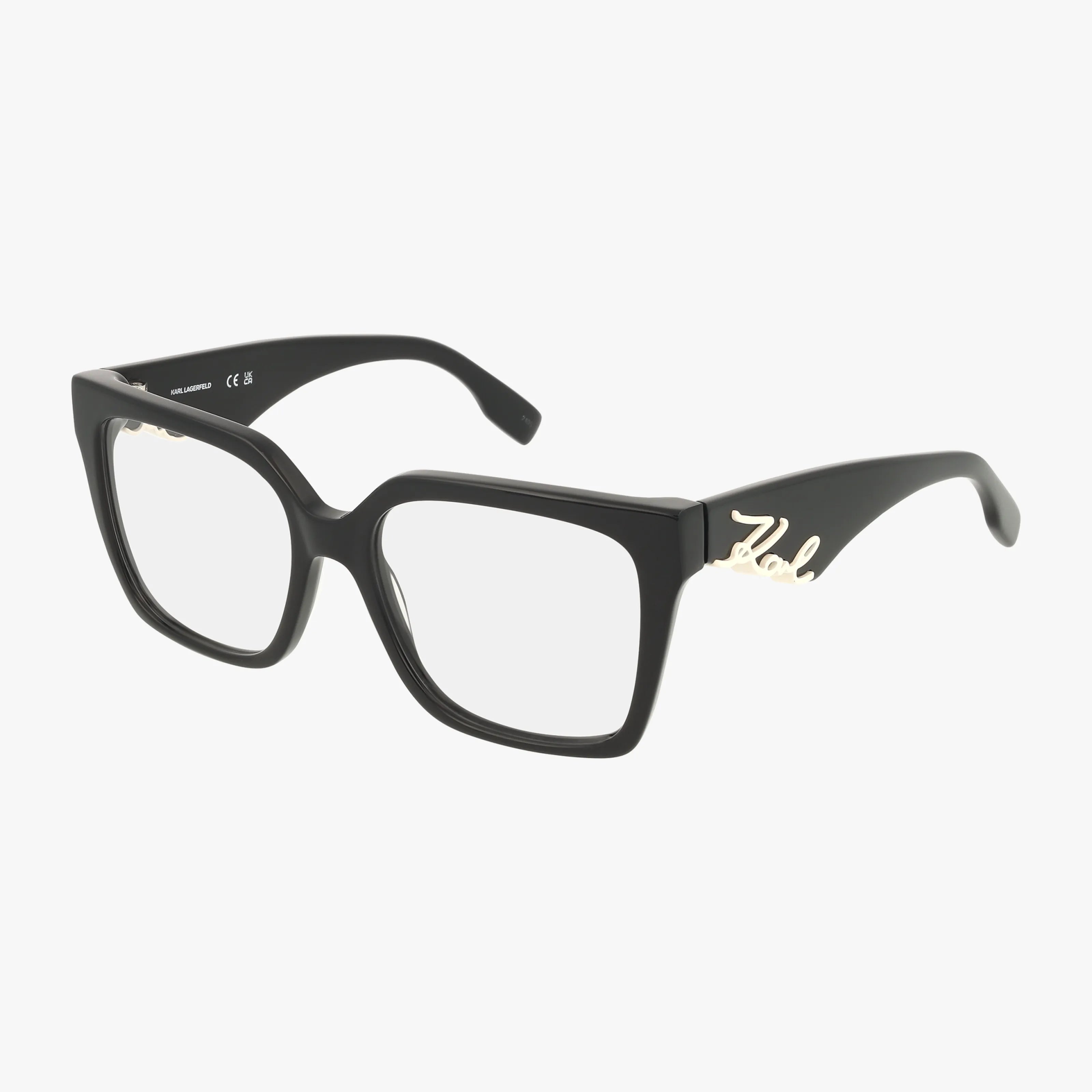 KL6170 features black, square-framed eyeglasses with clear lenses and gold script detailing on the temples, blending classic elegance and modern style, shown on a plain white background.