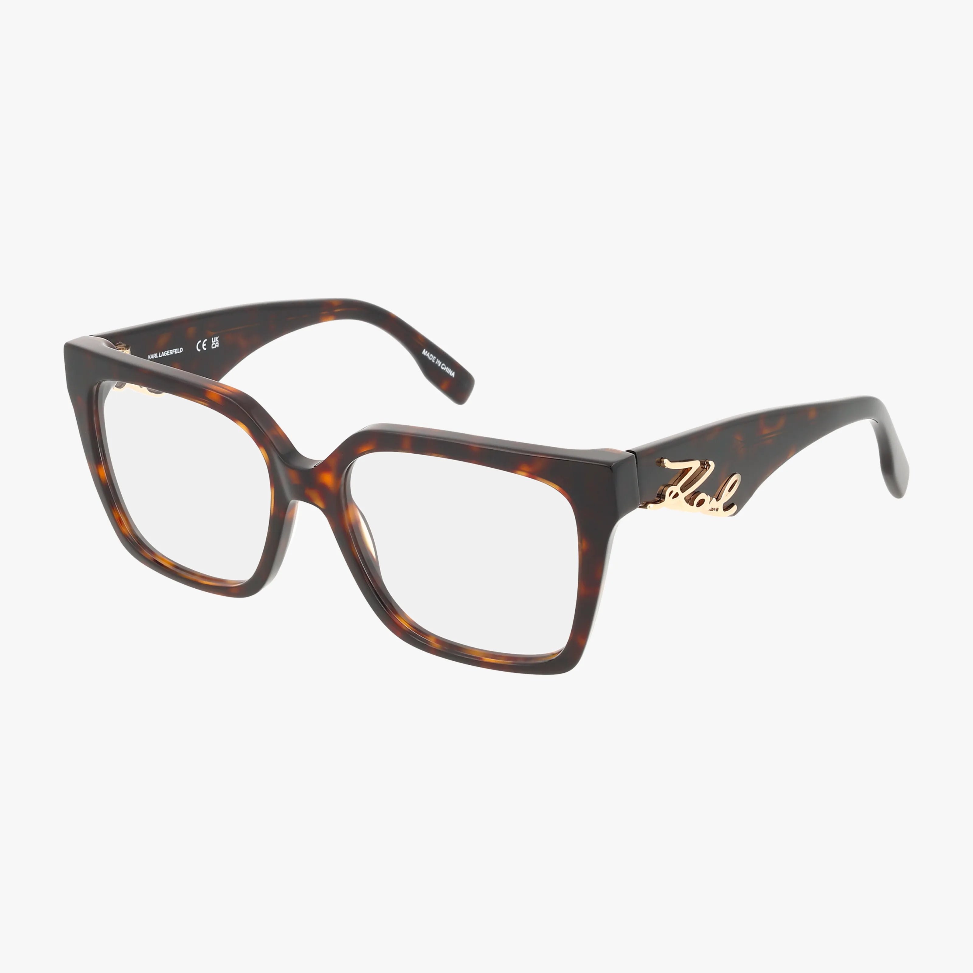 The KL6170 features tortoiseshell rectangular eyeglasses with thick frames and gold cursive detailing on the temple, delivering a modern twist on classic style, shown against a white background.